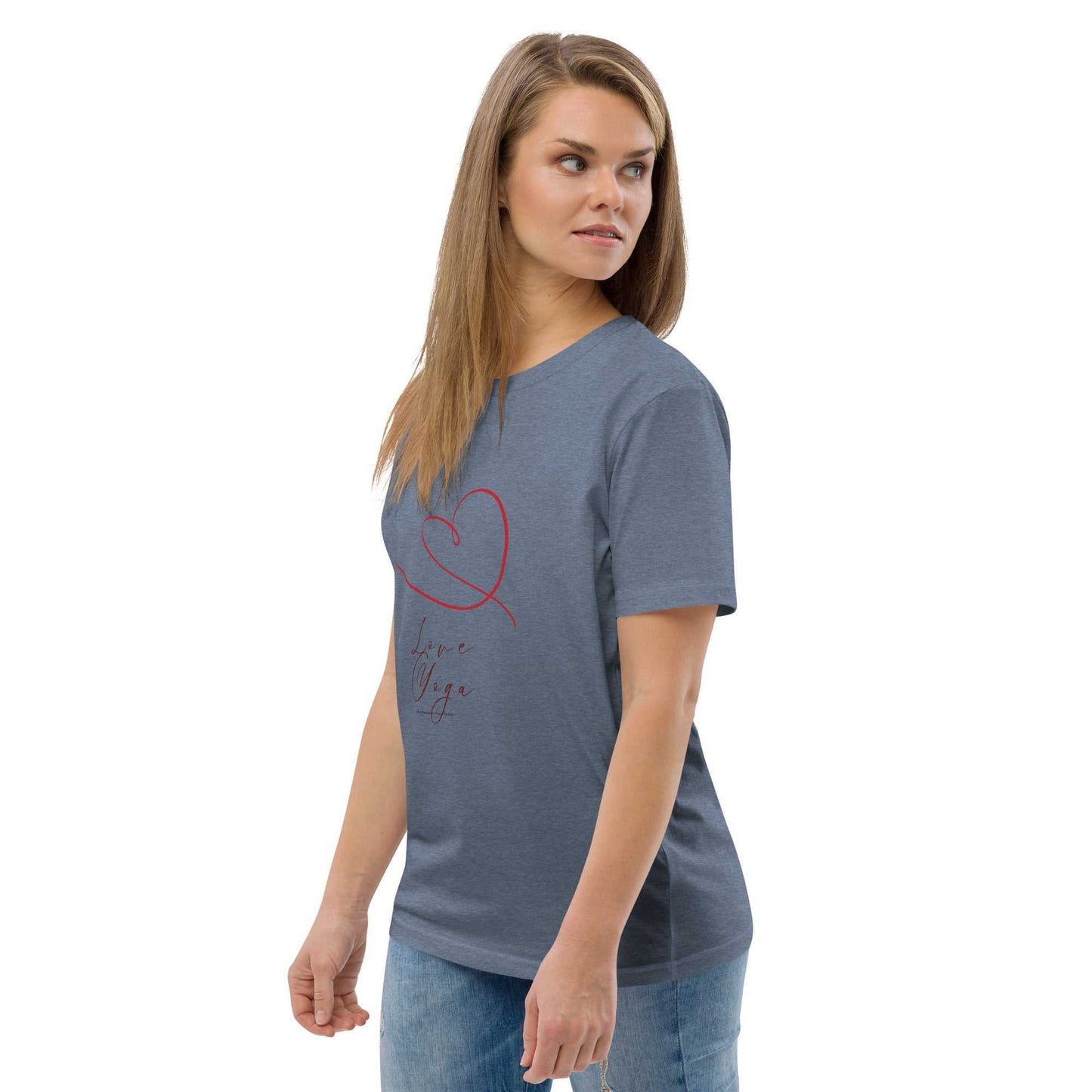 Steel blue Love Yoga Organic Cotton T-Shirt with red heart graphic. Sustainable yoga wear made from certified organic cotton.