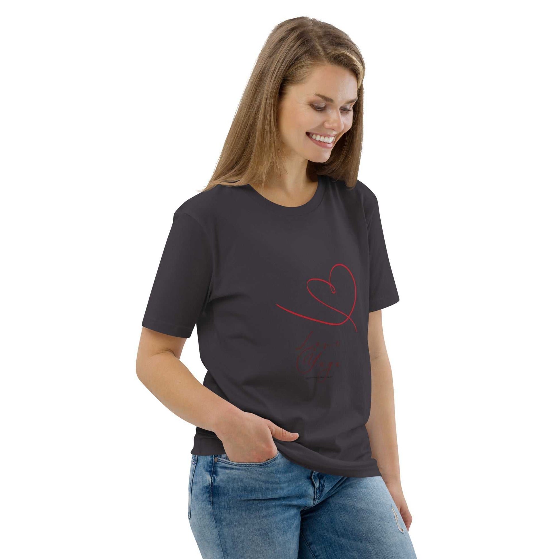Love Yoga Organic Cotton T-Shirt in charcoal with red heart line art. GOTS certified sustainable clothing for yoga enthusiasts.