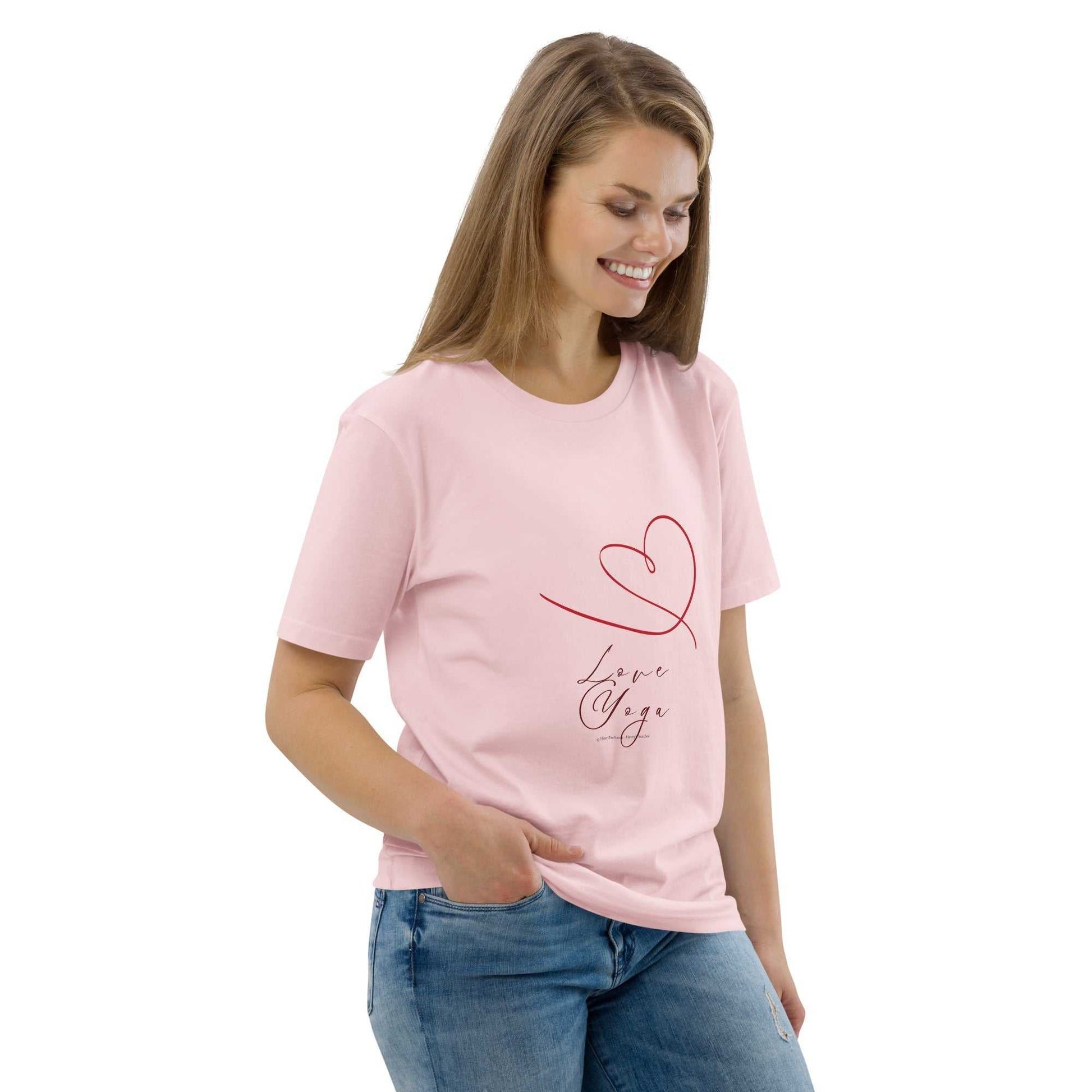 Love Yoga Organic Cotton T-Shirt in light pink with red heart artwork. Sustainable and stylish yoga wear made from organic cotton.