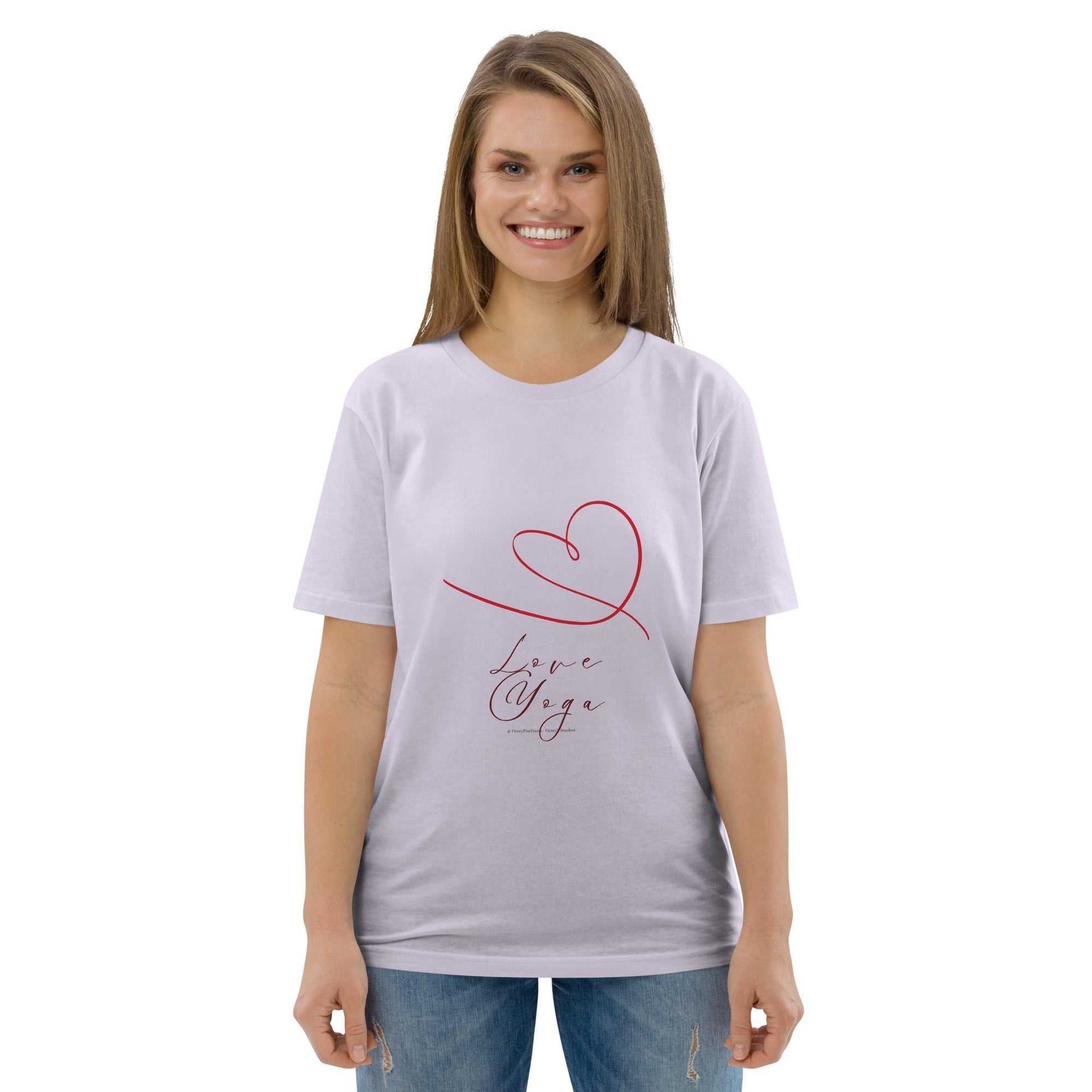 Light lavender Love Yoga Organic Cotton T-Shirt with red heart print, sustainable yoga clothing for conscious consumers.