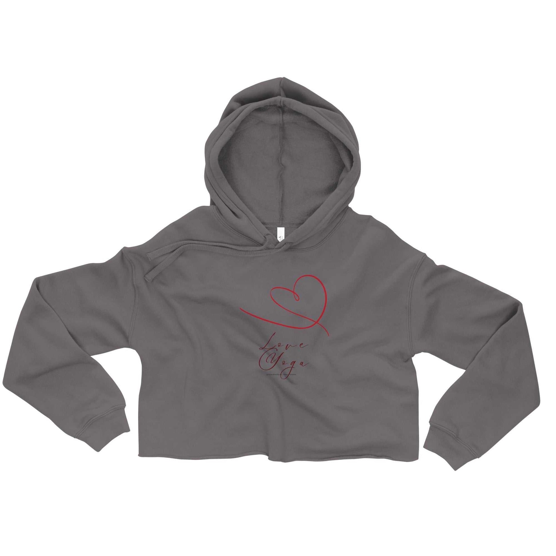 Charcoal gray Love Yoga cropped hoodie laid flat with red heart and script, ideal for women’s activewear and everyday comfort.