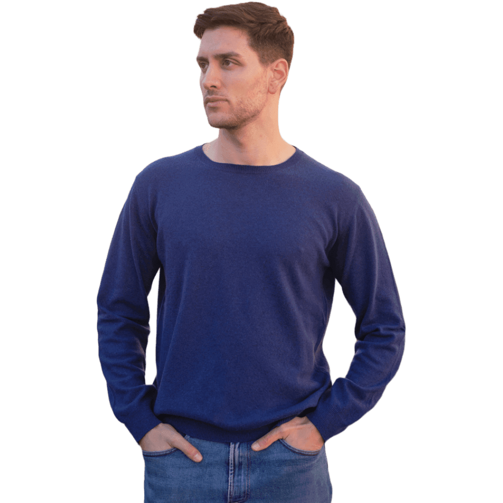 Men's Cashmere Crew Neck Sweater in navy blue, modeled front view. Soft, sustainable knitwear perfect for everyday wear.