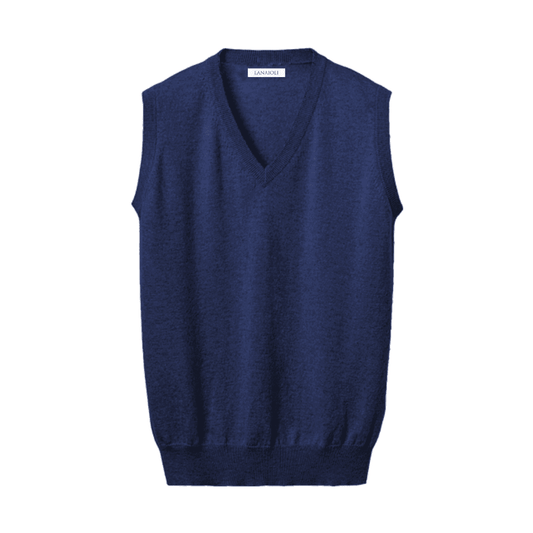 Men's Pure Cashmere V-Neck Vest in navy blue by HenryPawHaven, crafted in Italy with 100% virgin cashmere. Elegant outerwear for refined layering.