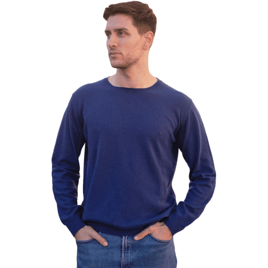 Men's regenerated cashmere sweater in navy blue, modeled front view. Breathable and stylish for everyday sustainable wear.