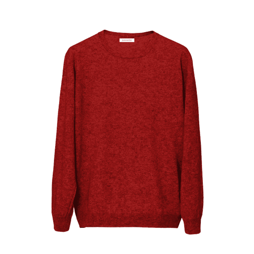 Red men's regenerated cashmere sweater by Lanaioli, laid flat. Sustainable knitwear with a classic crew neck design.