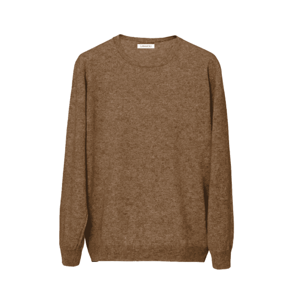 Brown men's regenerated cashmere sweater laid flat. Sustainable fashion piece with a timeless silhouette and soft texture.
