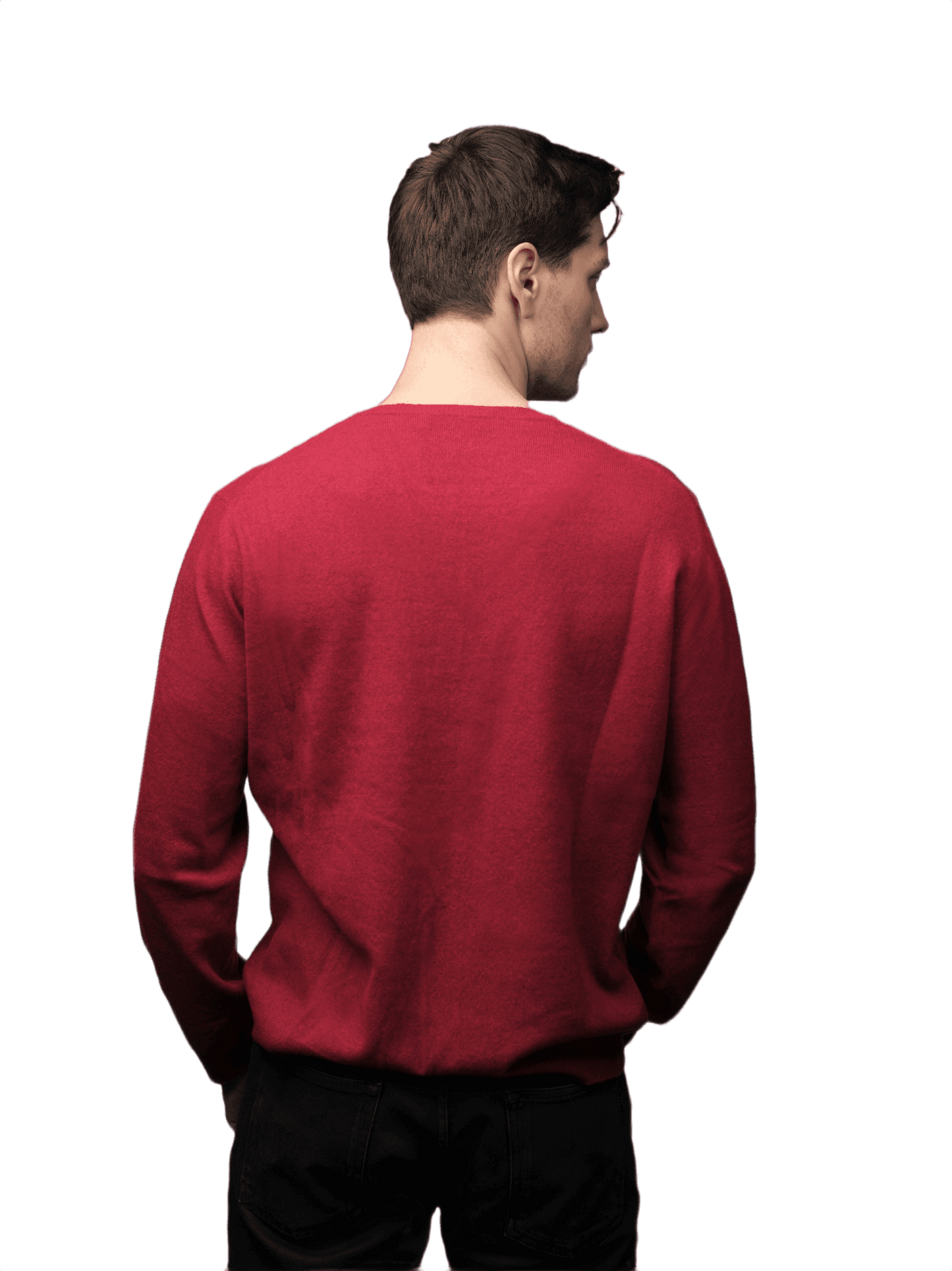 Back view of men's regenerated cashmere sweater in red. Eco-friendly and stylish option for conscious wardrobes.