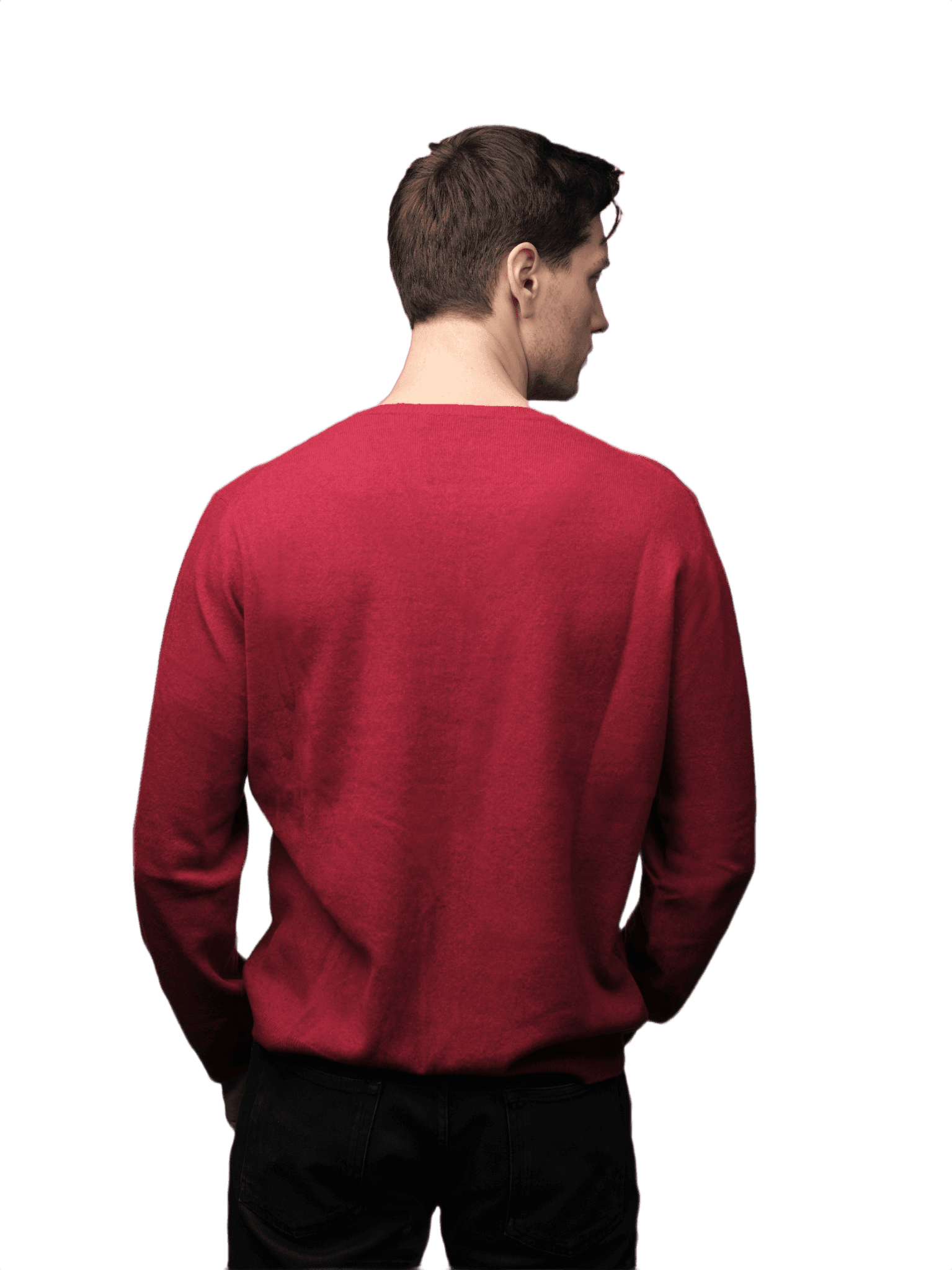 Back view of men's regenerated cashmere sweater in red. Eco-friendly and stylish option for conscious wardrobes.