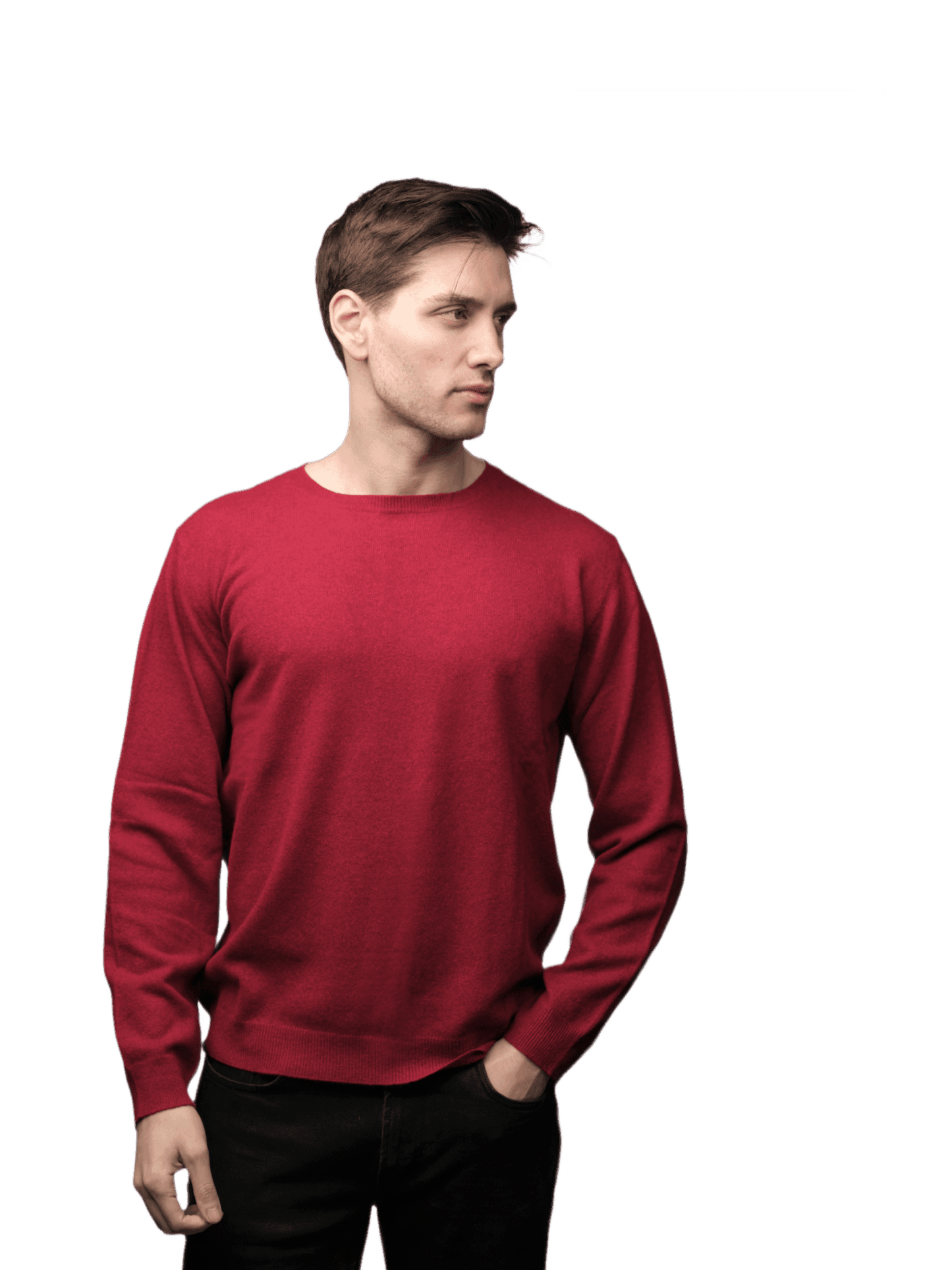 Men's regenerated cashmere sweater in red, modeled front view. Soft, breathable knitwear for sustainable fashion lovers.