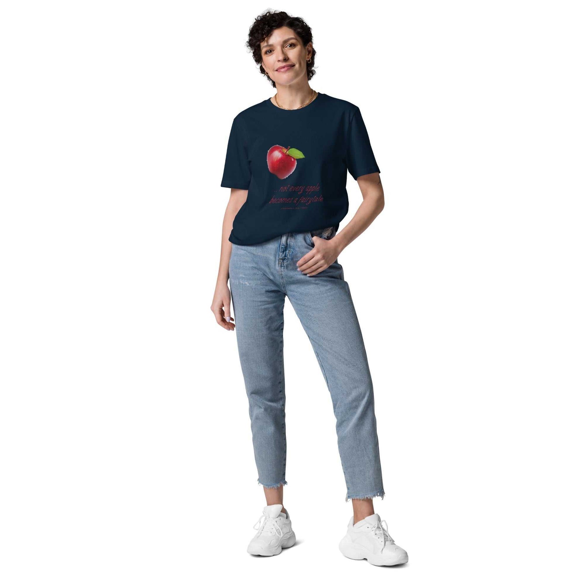 Navy blue unisex organic cotton t-shirt featuring a red apple and humorous quote. Sustainable and stylish eco-conscious apparel.