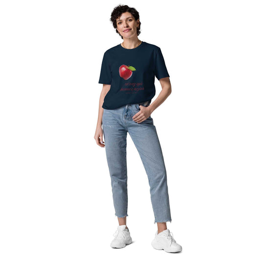 Navy blue unisex organic cotton t-shirt featuring a red apple and humorous quote. Sustainable and stylish eco-conscious apparel.