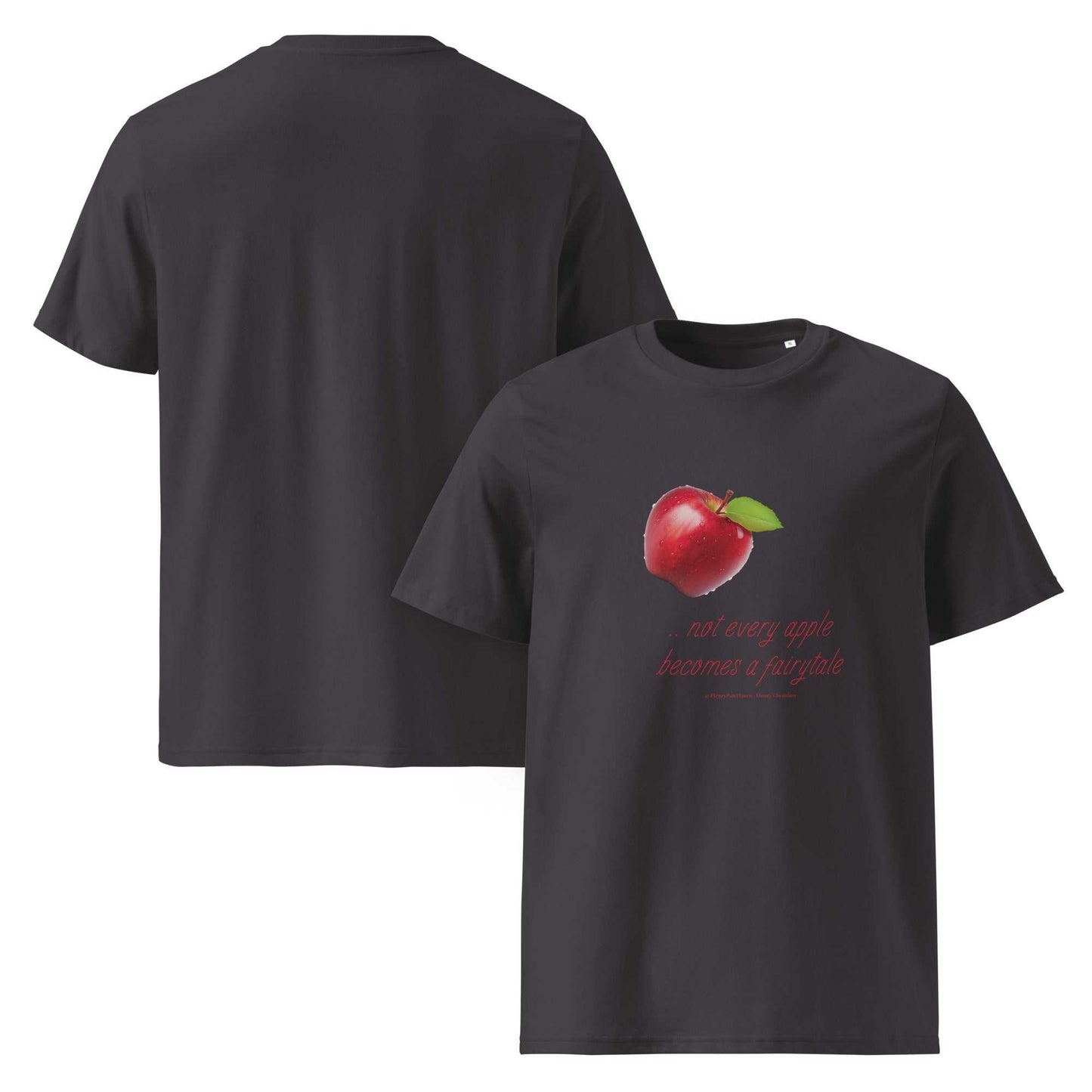 Front and back view of charcoal unisex organic cotton t-shirt with red apple design and cheeky quote. Eco-friendly fashion staple.