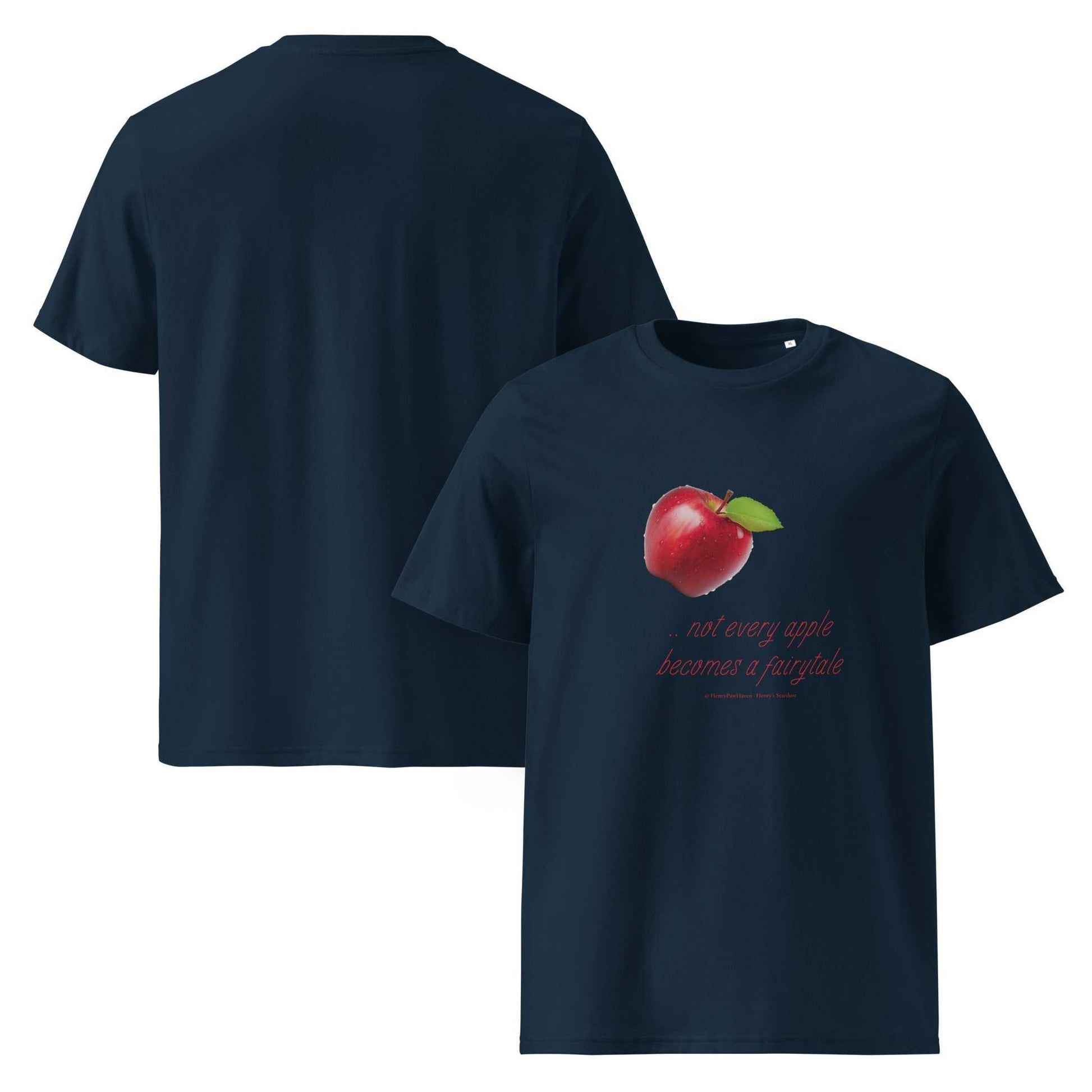 Front and back view of navy unisex organic cotton t-shirt with apple graphic and humorous text. Eco-conscious and fashionable.