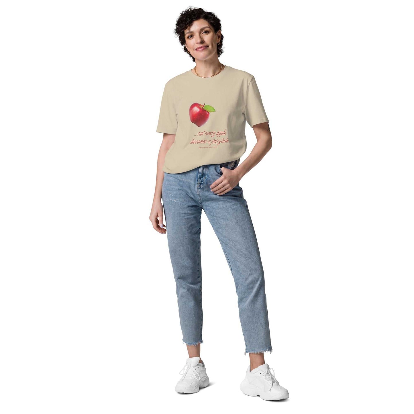 Beige unisex organic cotton t-shirt with red apple graphic and fun quote. Perfect for eco-conscious and stylish shoppers.
