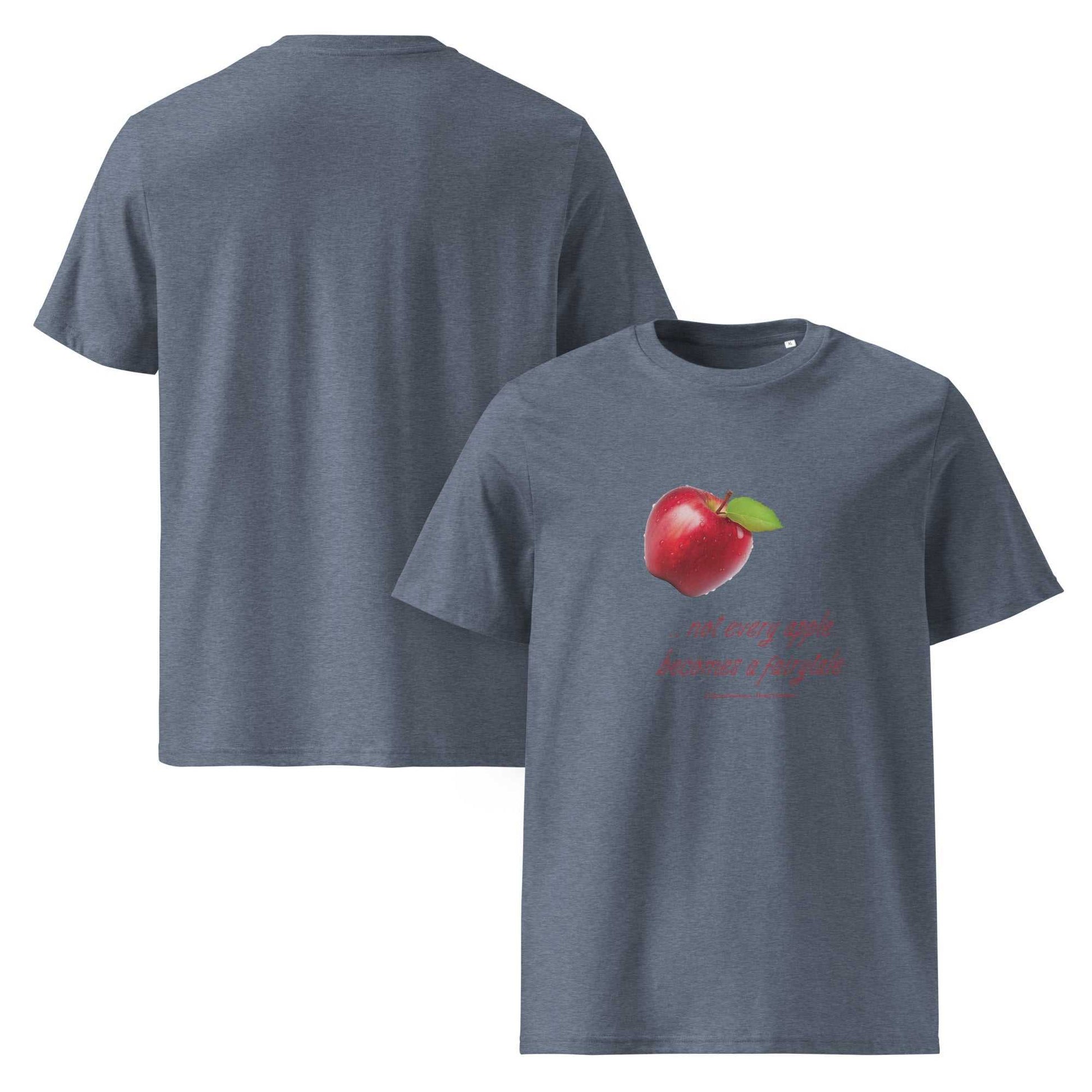 Front and back view of heather blue unisex organic cotton t-shirt with apple graphic and playful fairytale quote. Sustainable and fun.