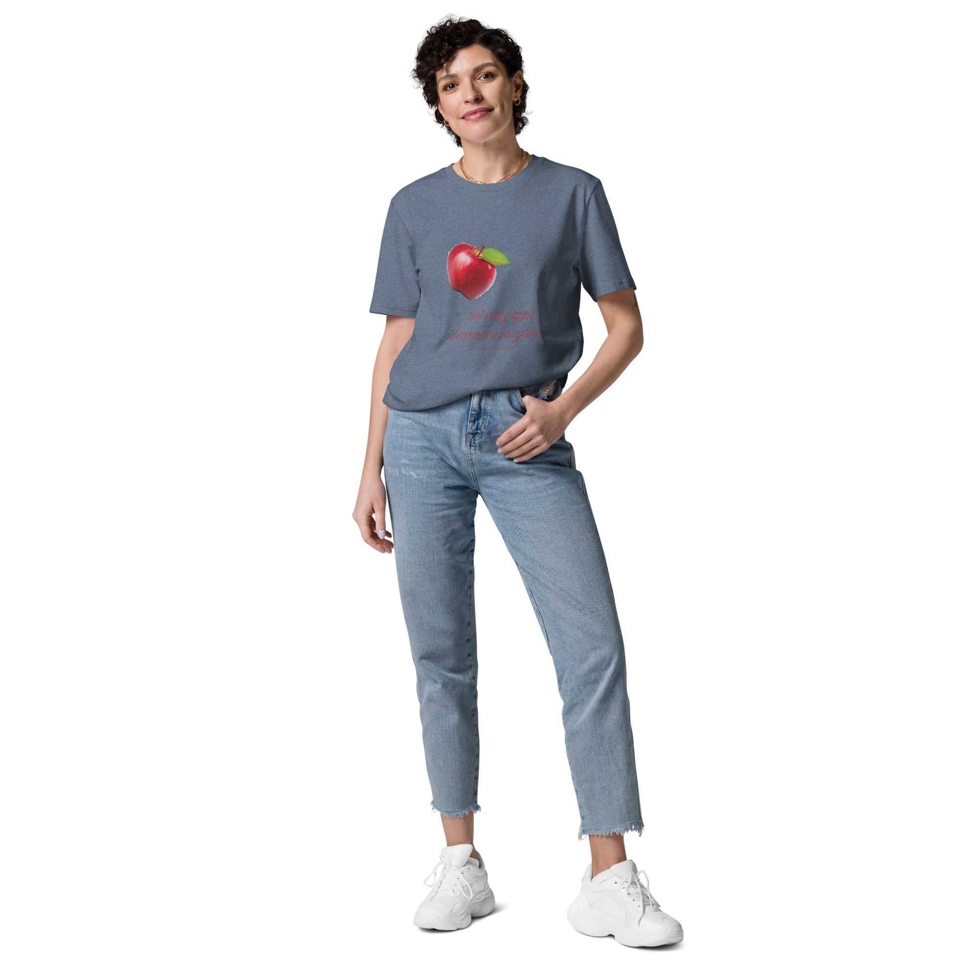Heather blue unisex organic cotton t-shirt with red apple print and witty message. Eco-friendly casual wear for all genders.
