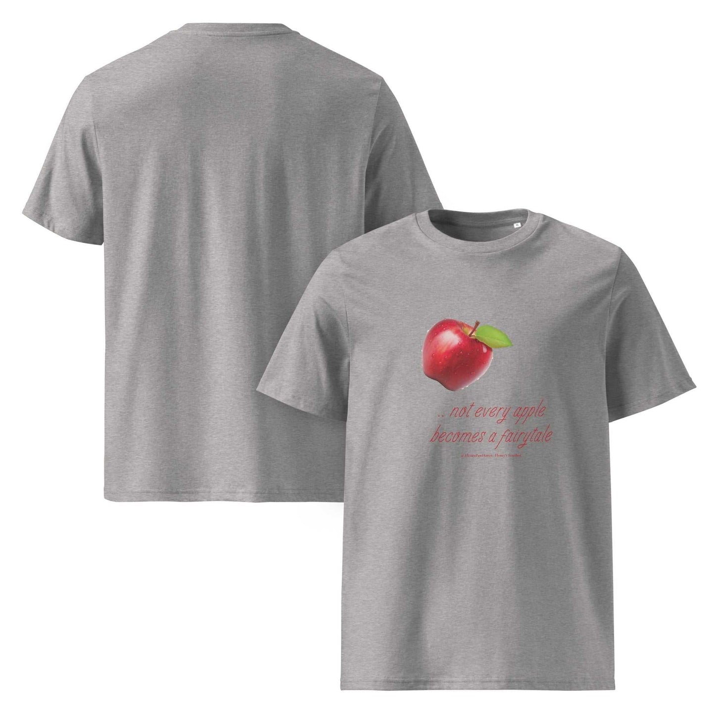 Eco-friendly unisex organic cotton t-shirt in heather gray with red apple graphic and 'Not every apple becomes a fairytale' slogan. Sustainable fashion with humor.