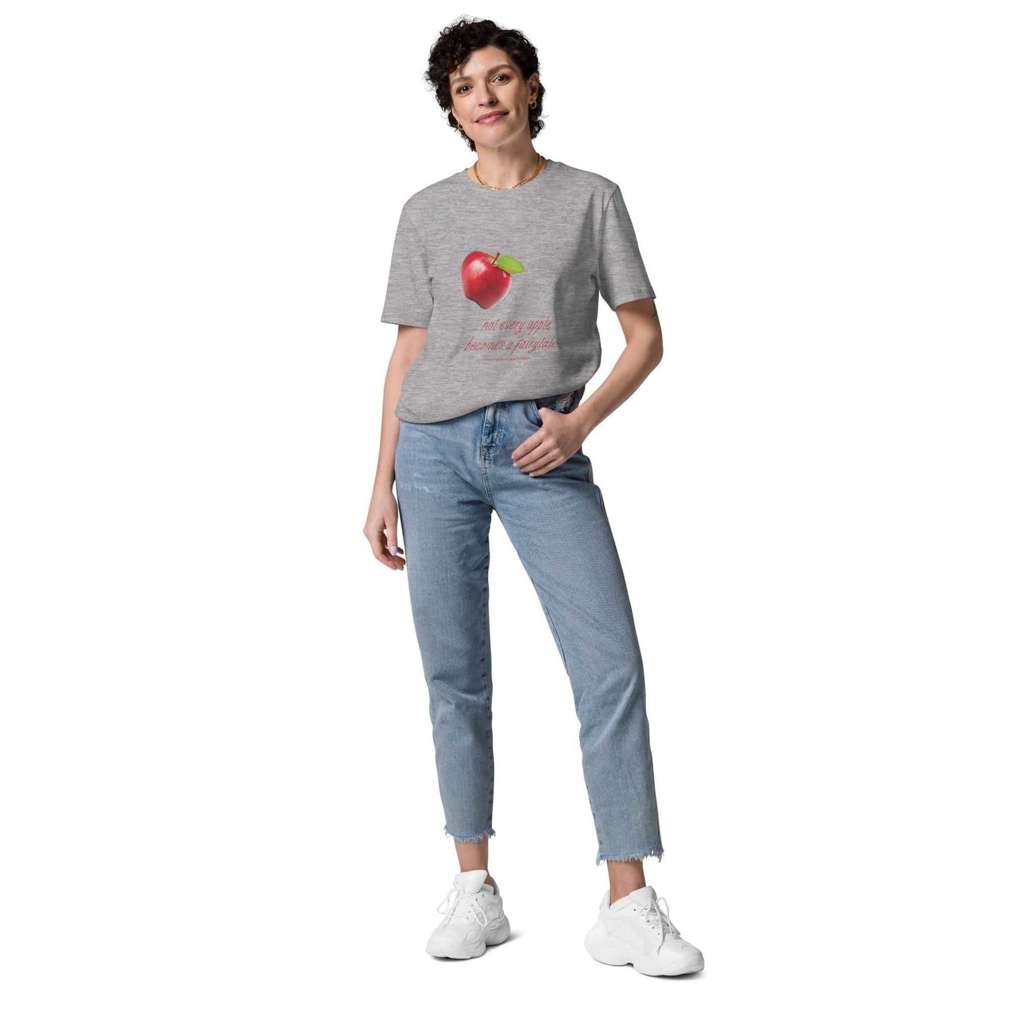Heather gray unisex organic cotton t-shirt with apple graphic and playful fairytale quote. Sustainable and cheeky wardrobe essential.