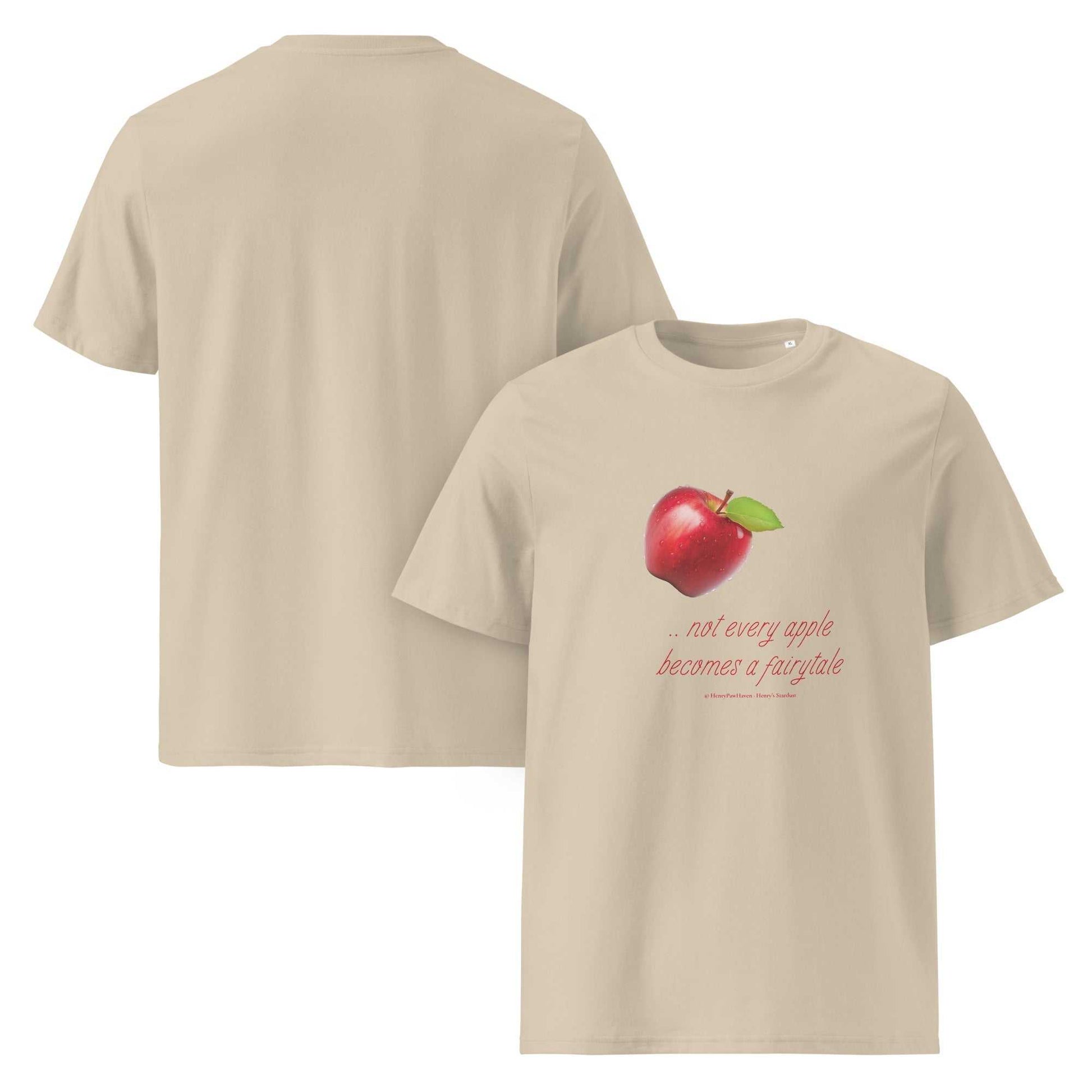 Beige unisex organic cotton t-shirt featuring a red apple and witty quote 'Not every apple becomes a fairytale'. Ideal for eco-conscious fashion lovers.
