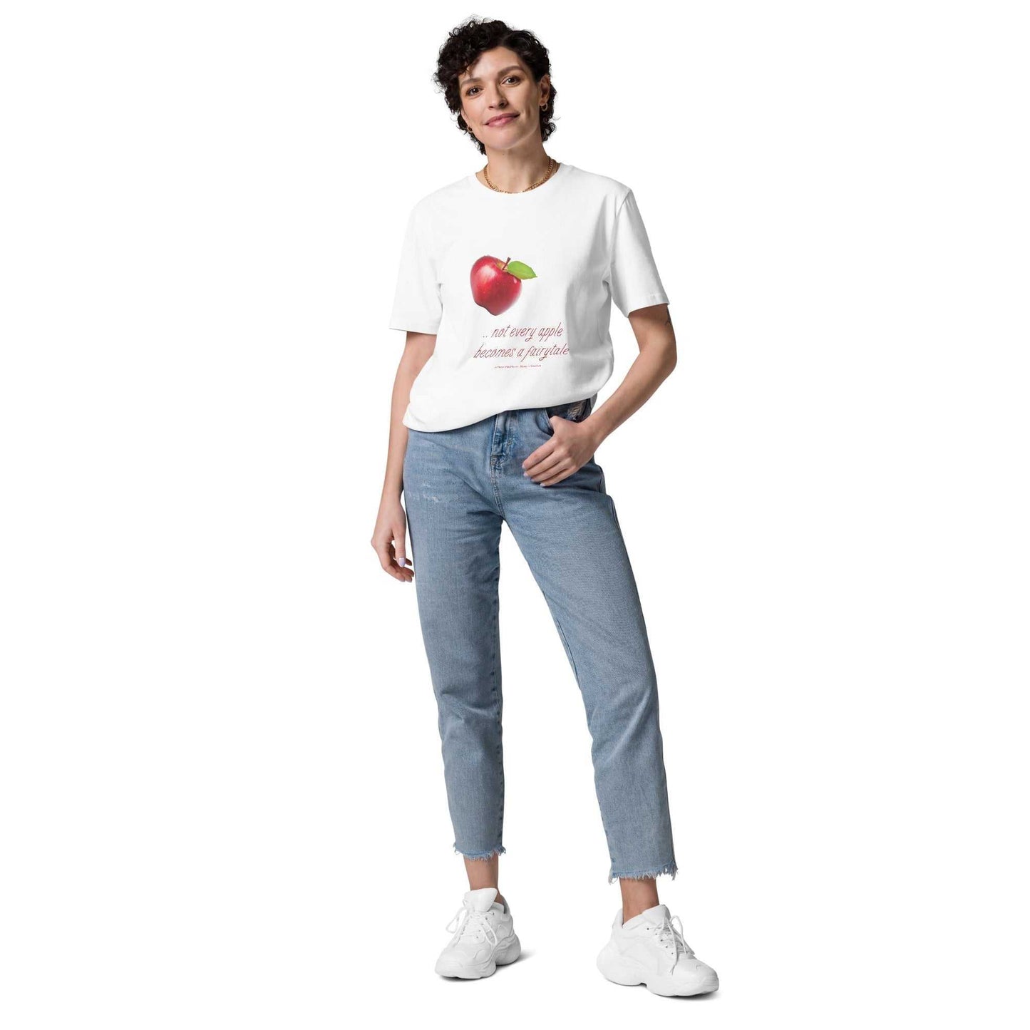 White unisex organic cotton t-shirt with red apple design and humorous quote. Fresh, eco-friendly fashion for everyday wear.
