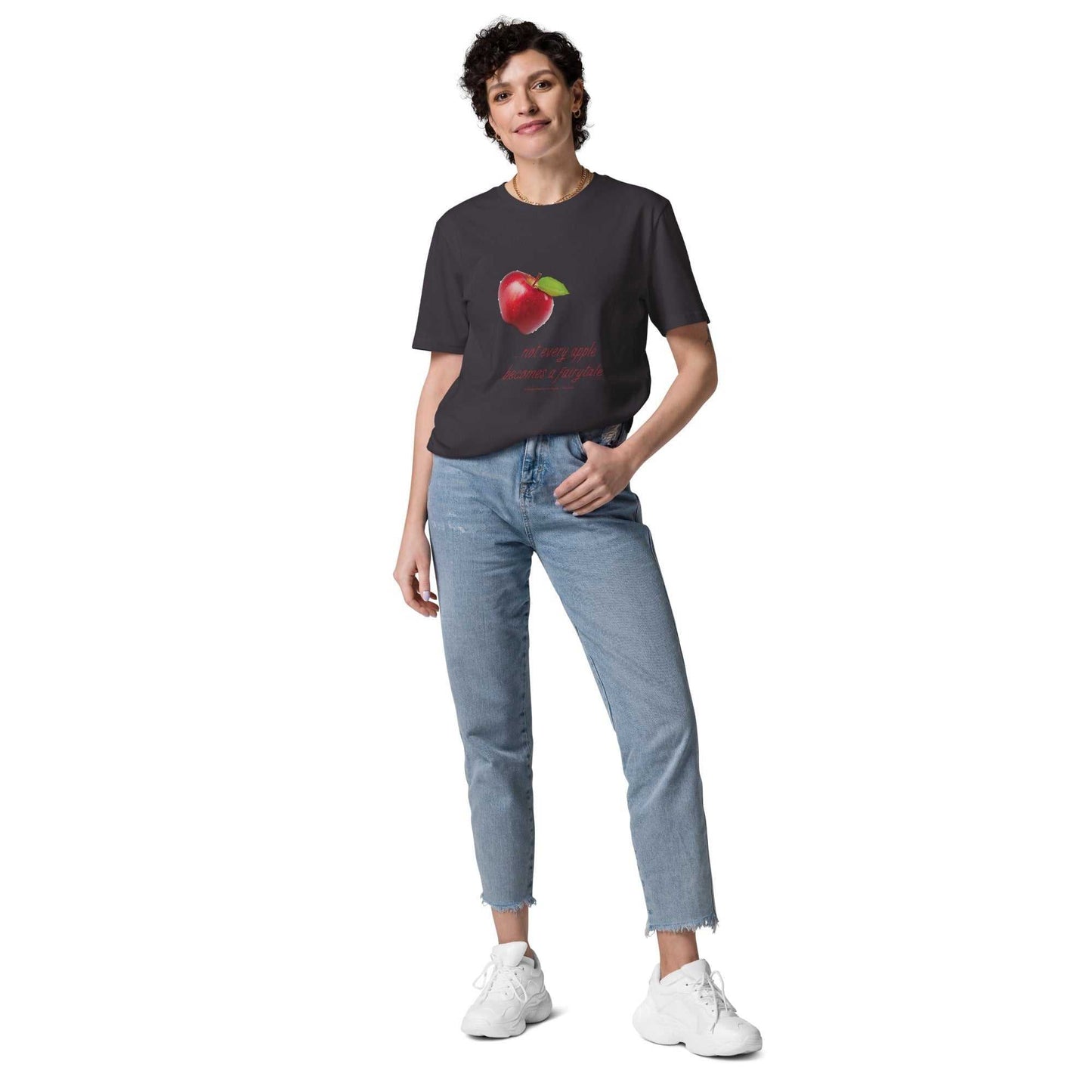 Charcoal unisex organic cotton t-shirt with apple illustration and humorous fairytale quote. Sustainable and playful fashion choice.