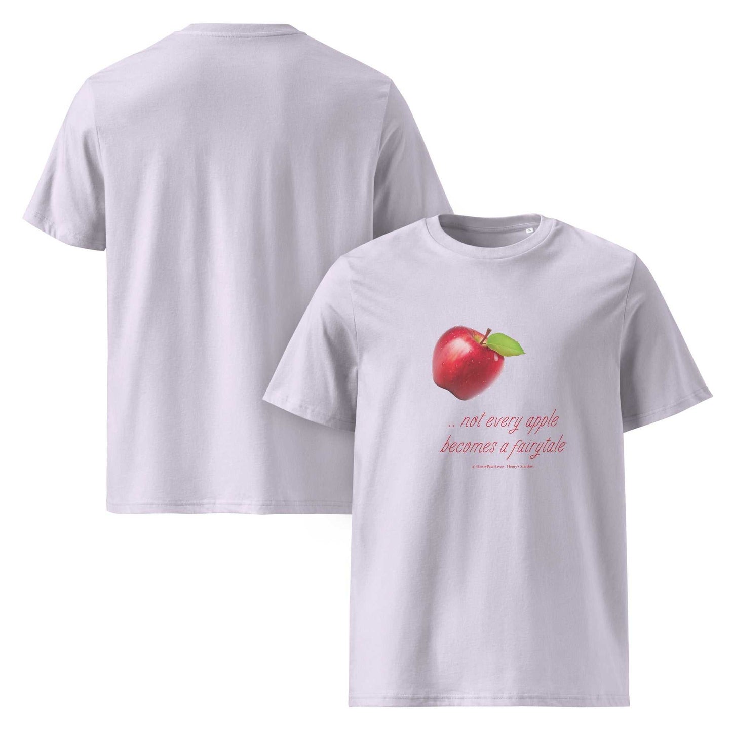Lavender unisex organic cotton t-shirt with a red apple print and humorous message. Stylish and sustainable for eco-aware shoppers.