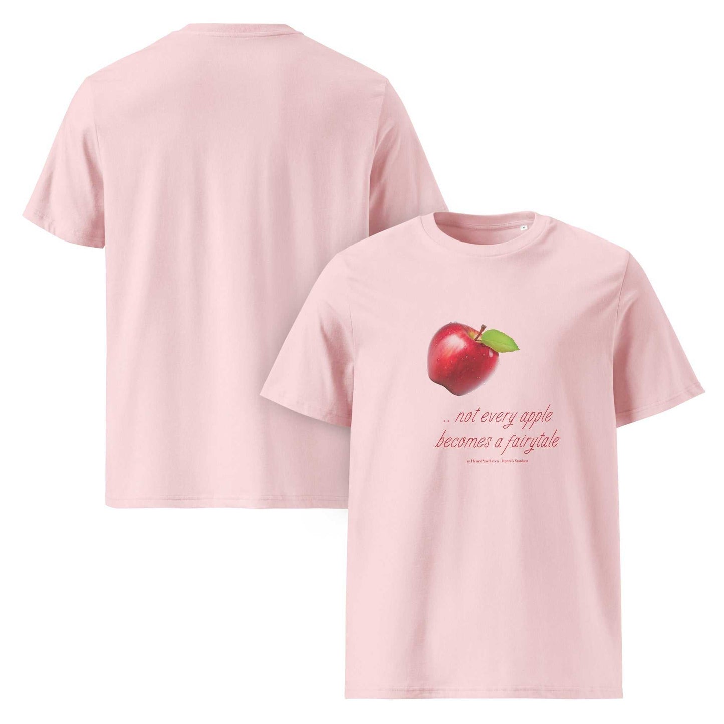 Light pink unisex organic cotton t-shirt with cheeky apple design and fairytale quote. A playful, sustainable choice in eco-friendly apparel.