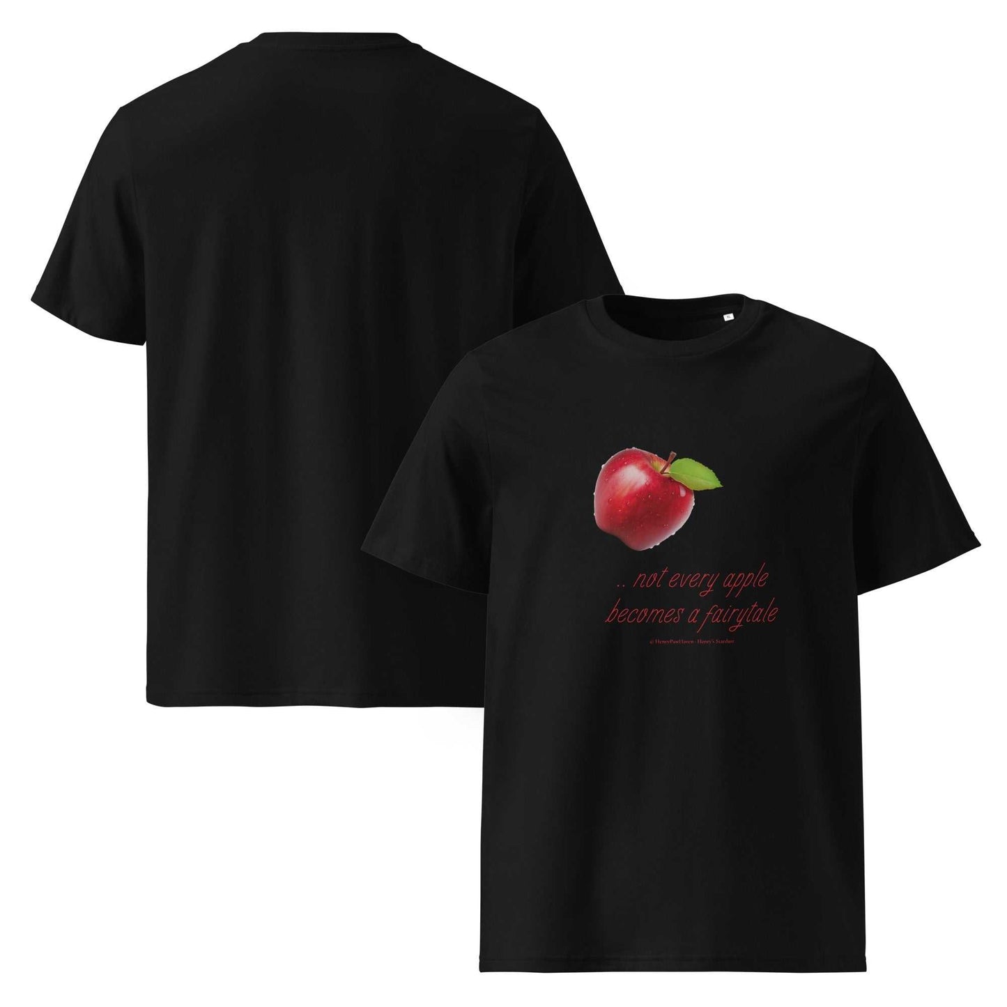 Front and back view of black unisex organic cotton t-shirt with red apple and witty fairytale quote. Sustainable and stylish tee.
