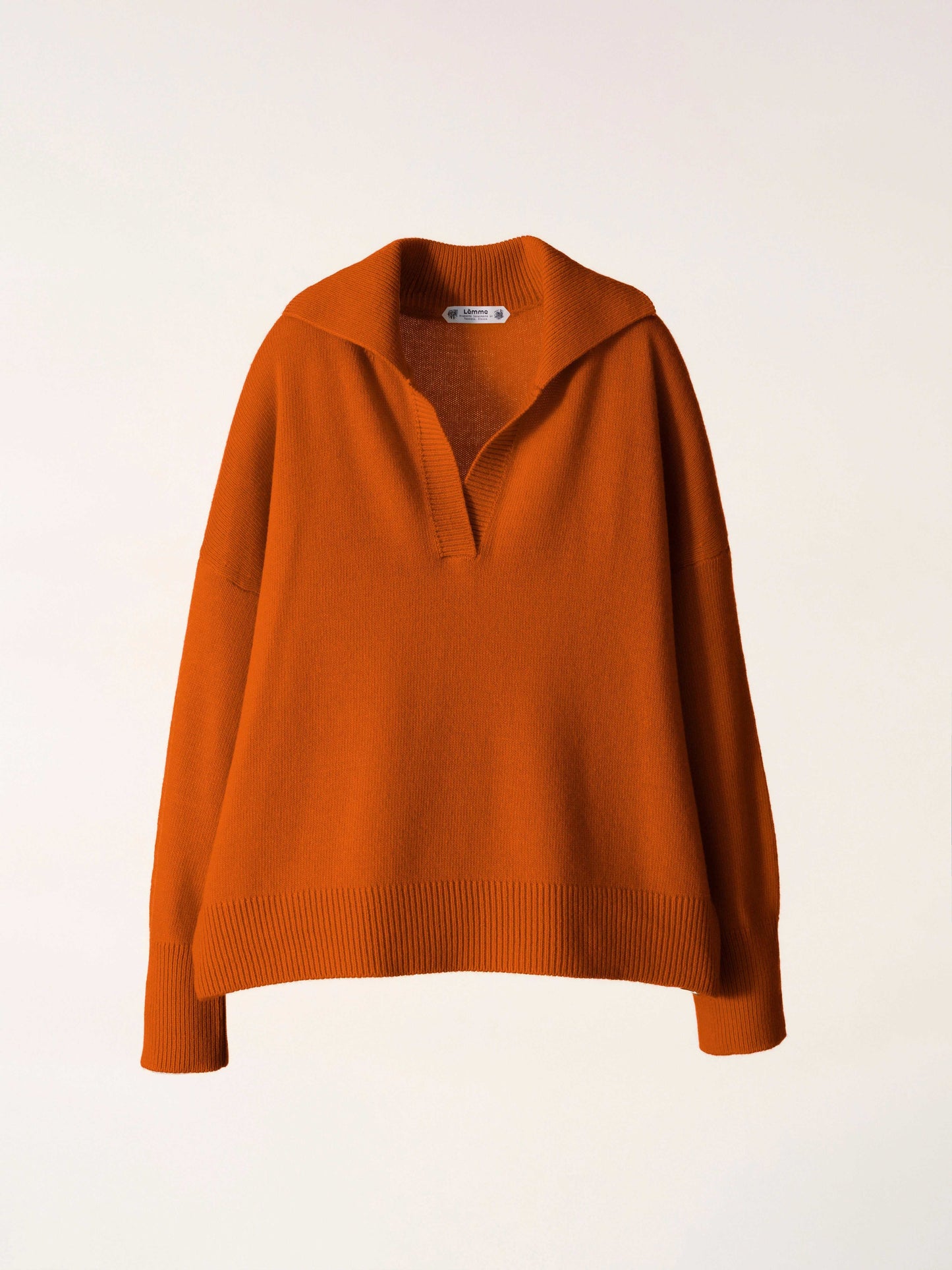 Burnt orange Cashmere-Wool Blend Relaxed Polo with clean collar and ribbed details, Italian knitwear by HenryPawHaven. Bold and elegant style.