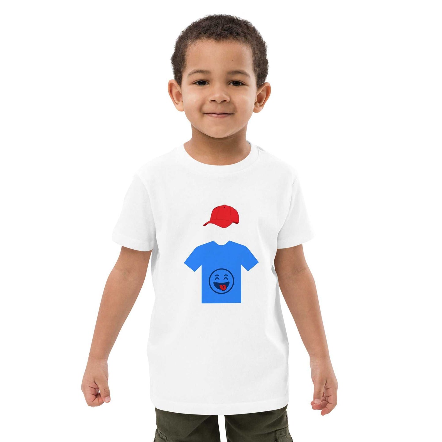 White organic cotton kids t-shirt with hooded figure design, modeled by child, offering breathable comfort and sustainable style.