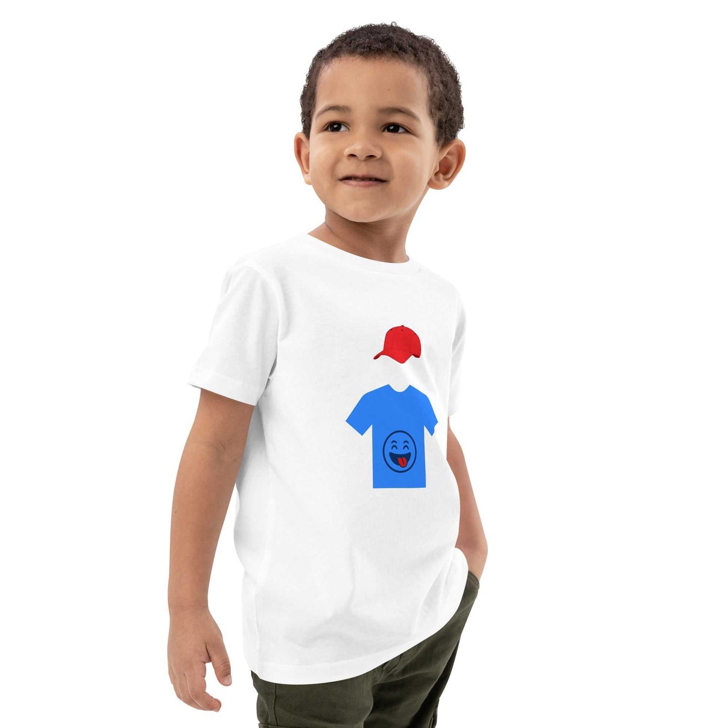 Organic cotton kids t-shirt in white with hooded figure design, featuring a blue shirt and red cap graphic for natural comfort and playful style.