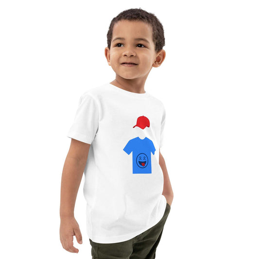 Organic cotton kids t-shirt in white with hooded figure design, featuring a blue shirt and red cap graphic for natural comfort and playful style.