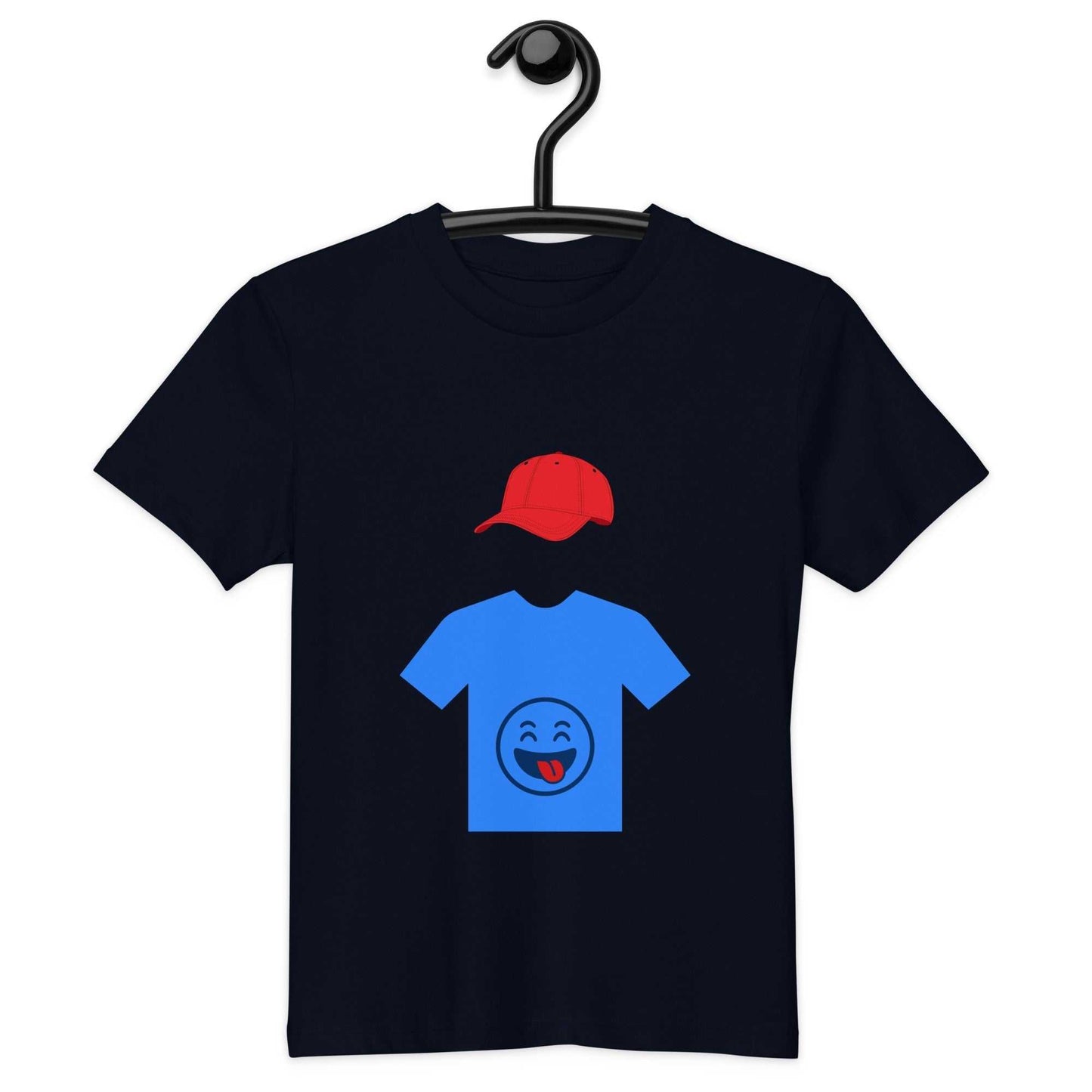 Navy organic cotton kids t-shirt hanging, designed with a cheerful hooded figure graphic, combining comfort and sustainability for kids.