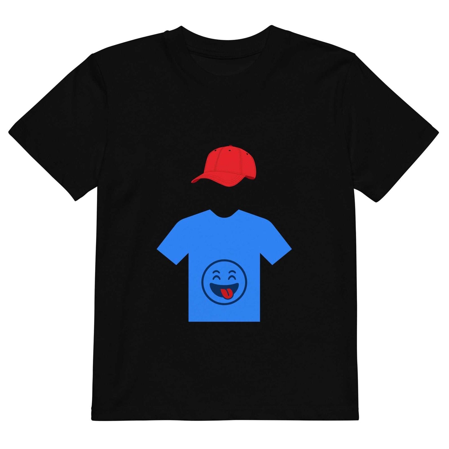 Flat lay of black organic cotton kids t-shirt with blue shirt and red cap graphic, ideal for sustainable kids apparel and everyday wear.