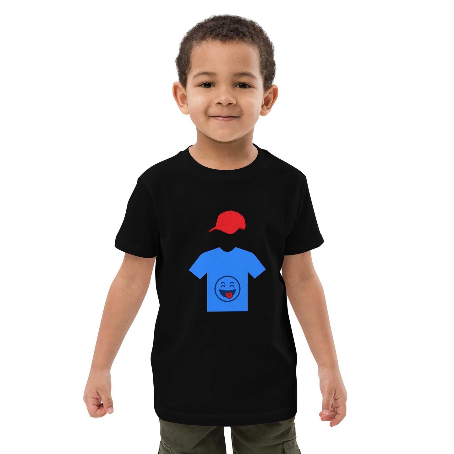 Child wearing black organic cotton t-shirt with playful hooded figure design, ideal for sustainable kids fashion and active lifestyles.