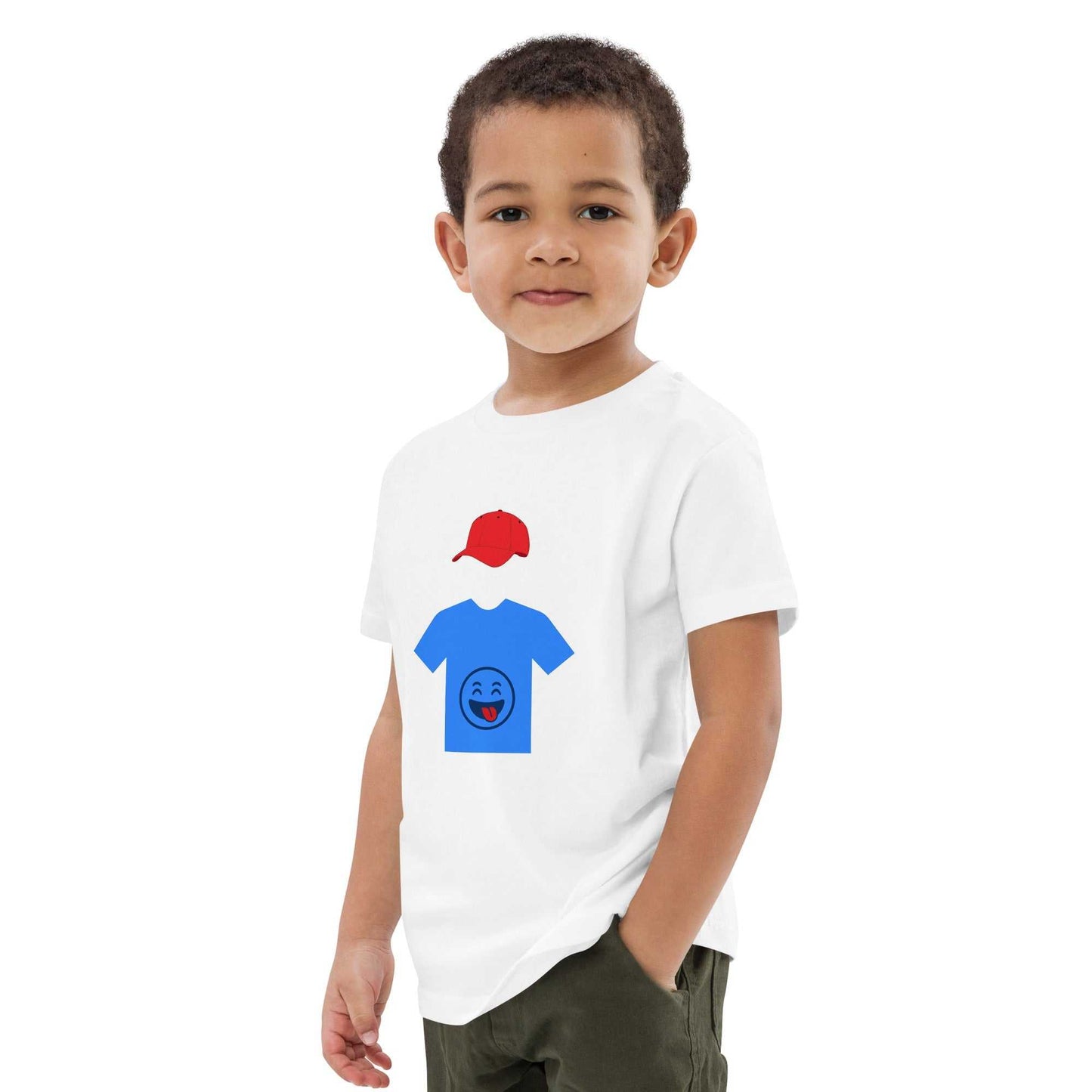White organic cotton kids t-shirt with fun hooded figure design, modeled by child, offering breathable fabric and eco-friendly fashion.