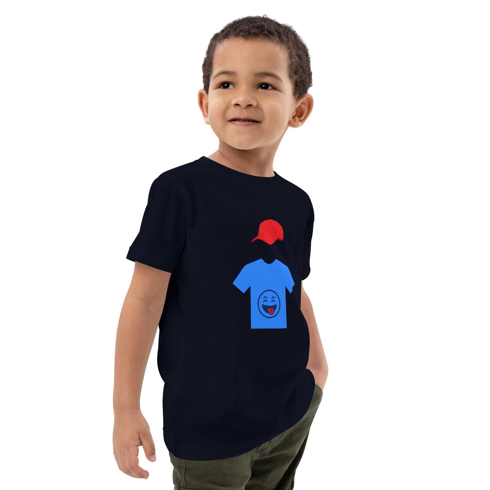 Navy organic cotton kids t-shirt with hooded figure design, modeled by child, combining natural comfort and fun style for kids.