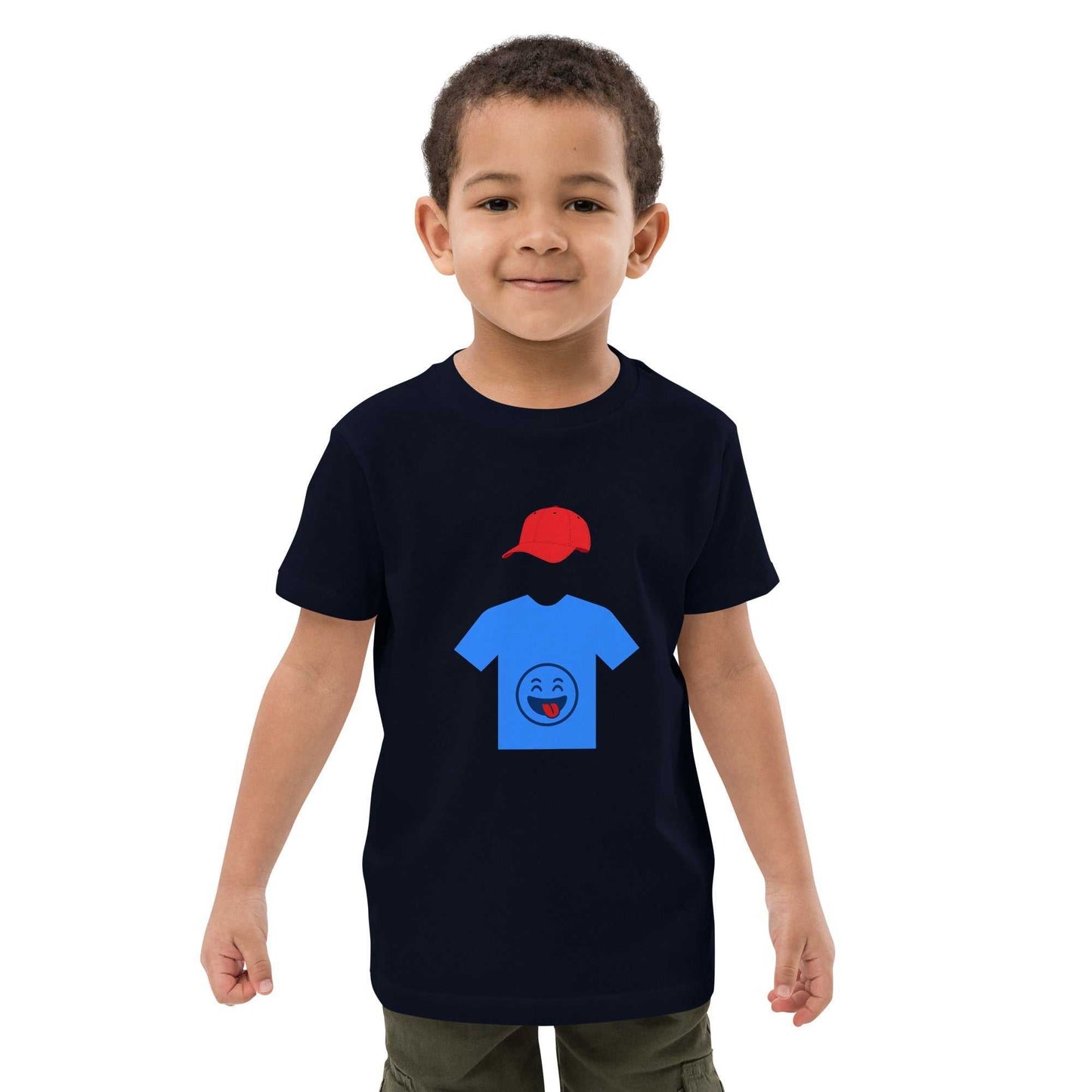 Navy organic cotton kids t-shirt worn by child, featuring fun hooded figure graphic for eco-friendly and comfortable everyday wear.
