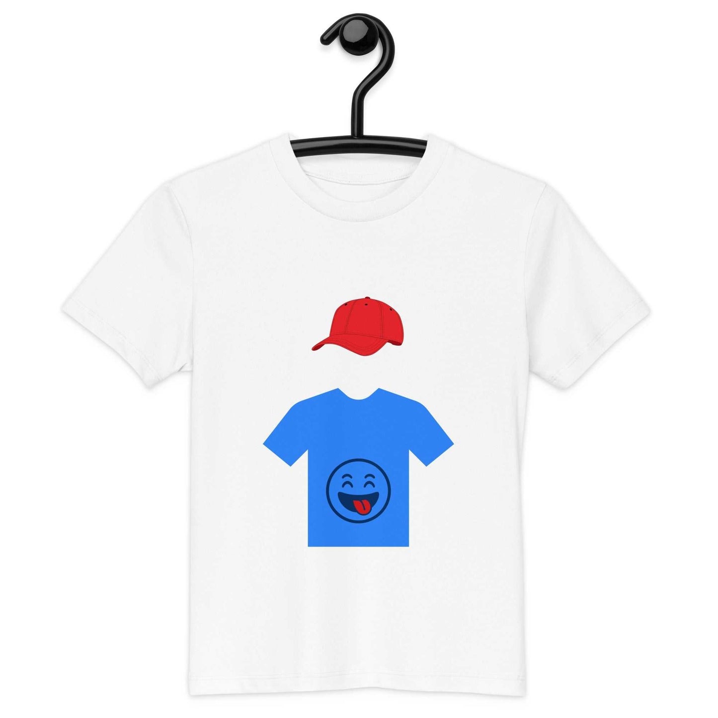 White organic cotton kids t-shirt on hanger, featuring hooded figure design with blue shirt and red cap, perfect for eco-conscious families.