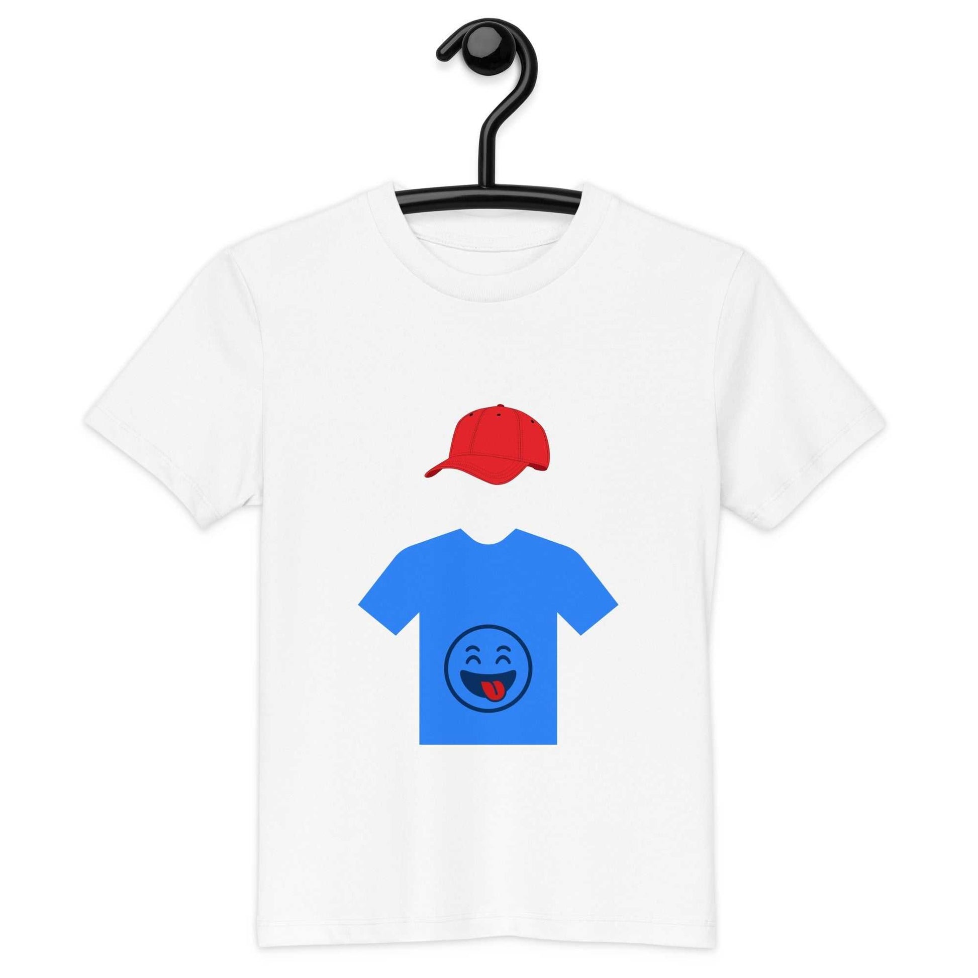 White organic cotton kids t-shirt on hanger, featuring hooded figure design with blue shirt and red cap, perfect for eco-conscious families.