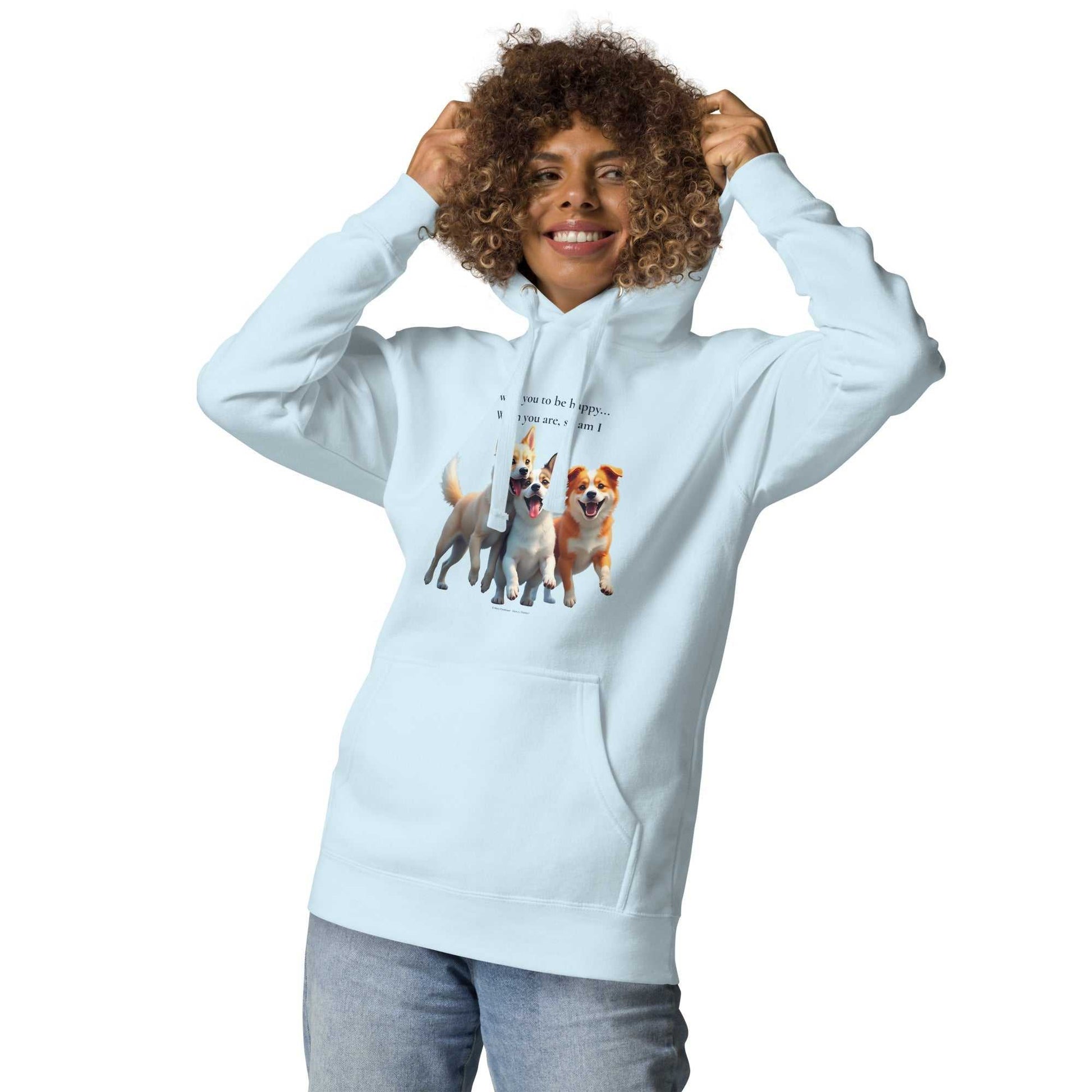 Light blue premium unisex hoodie for comfort with cute dog graphic, designed for softness and everyday wear in activewear category.