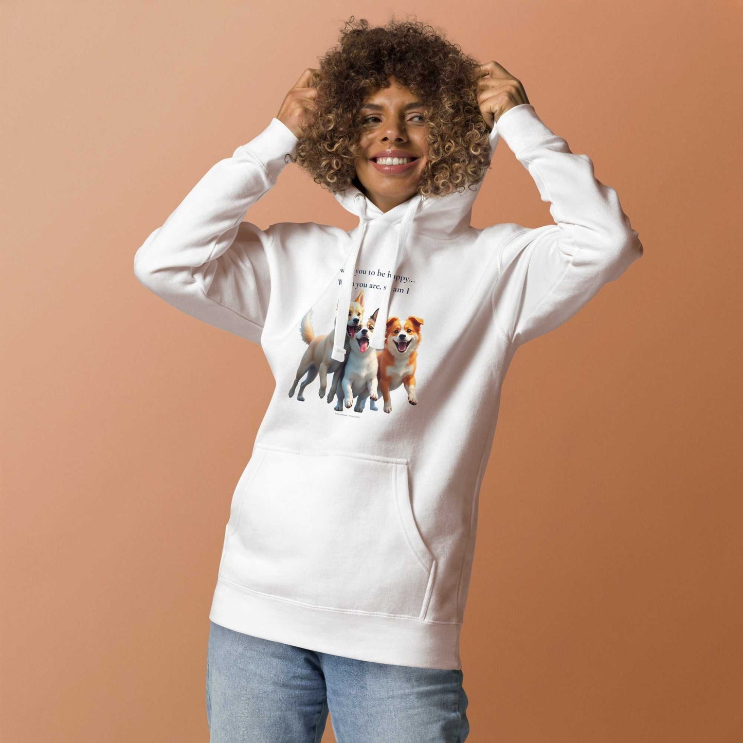 Front view of white premium unisex hoodie with dog illustration and cozy fit, perfect for casual and activewear use.