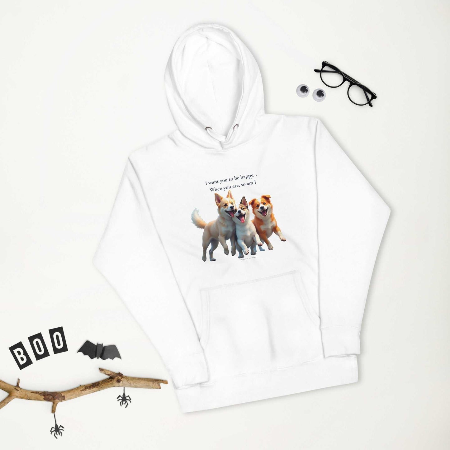 Comfortable premium unisex hoodie in white with cheerful dog print and motivational quote, great for casual activewear and pet-themed outfits.