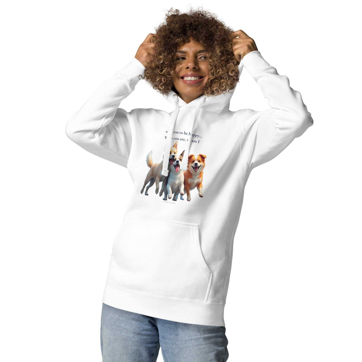 White premium unisex hoodie for comfort with colorful dog design, crafted for softness and activewear versatility.