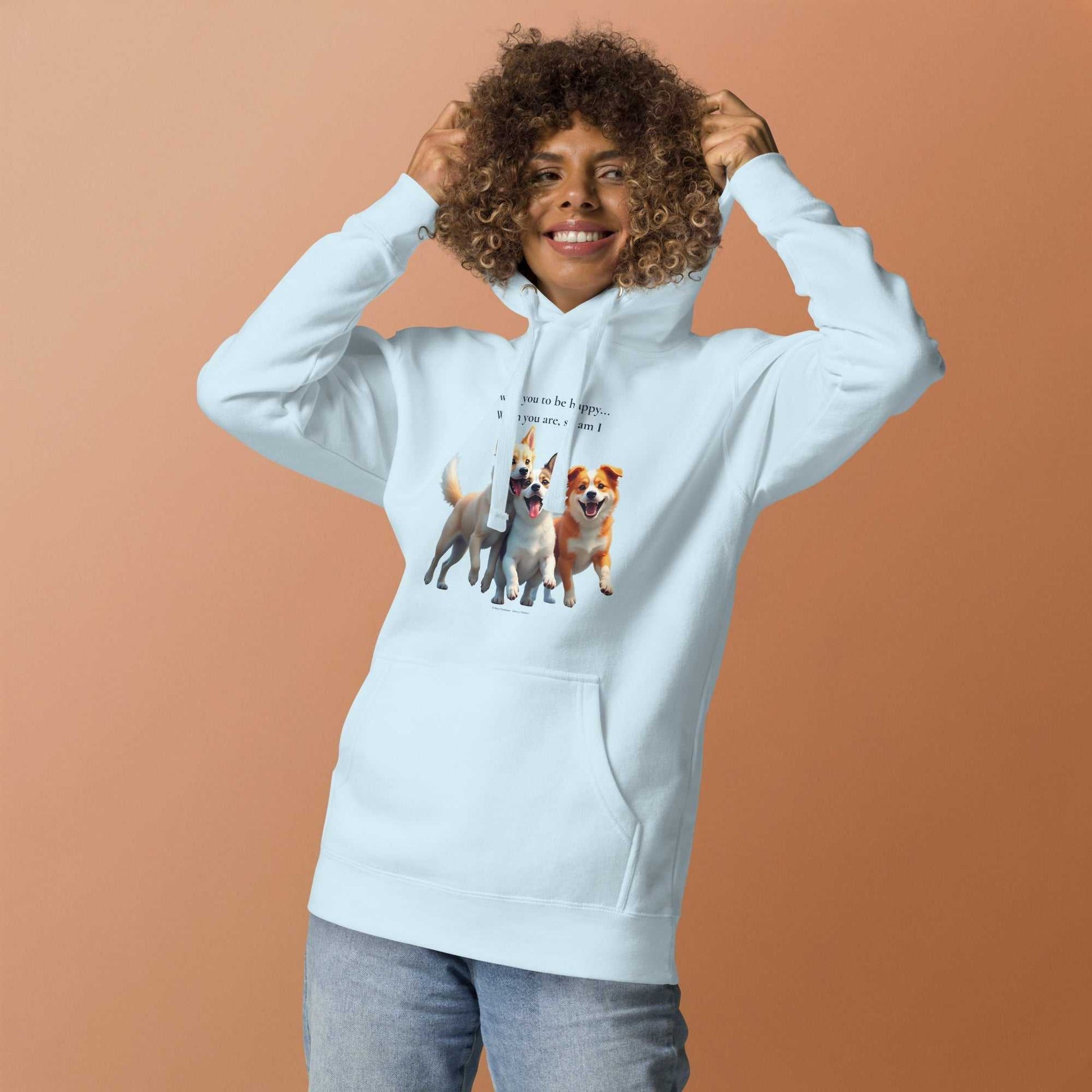 Premium unisex hoodie in light blue with dog trio print and soft cotton blend, ideal for daily comfort and casual fashion.