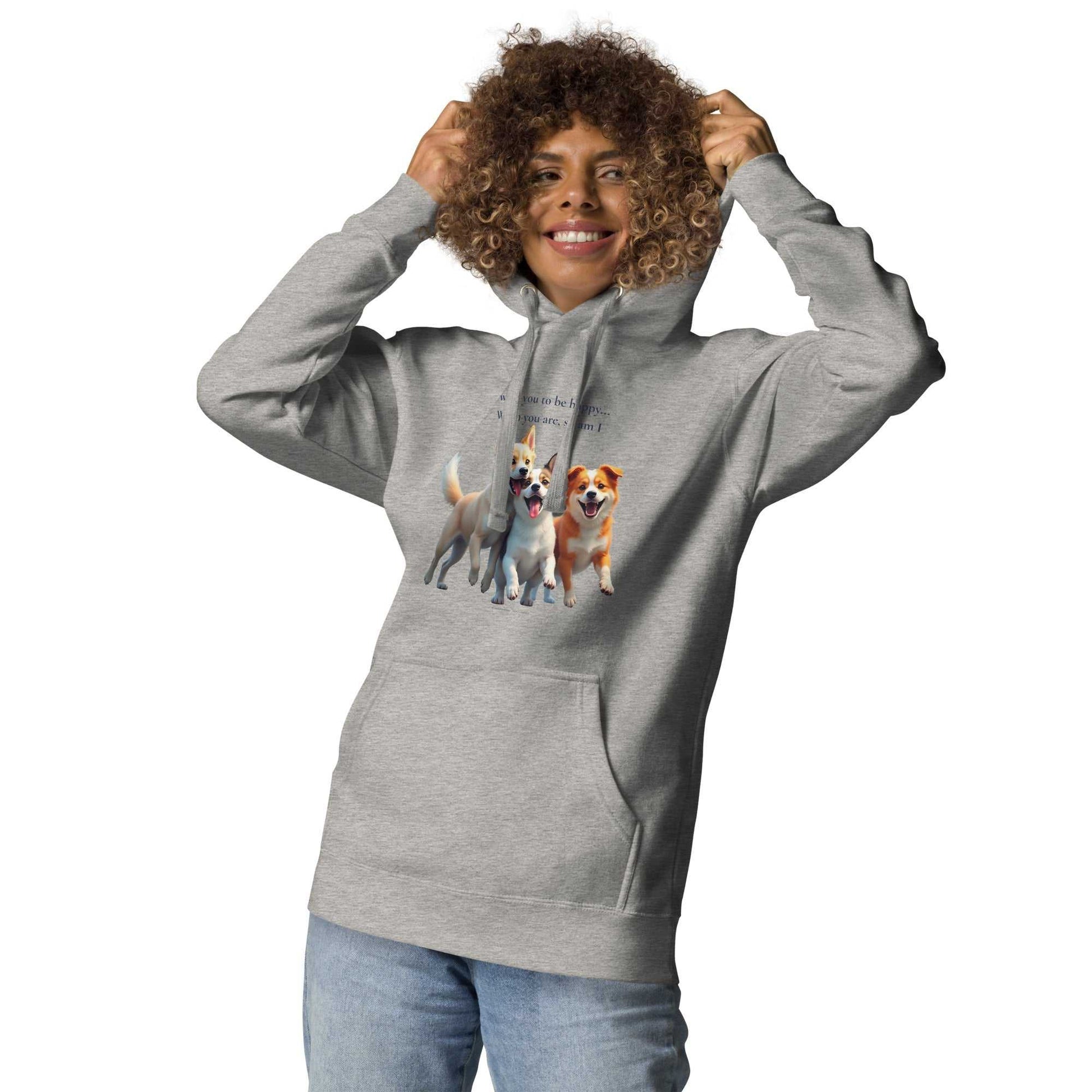 Model wearing gray unisex hoodie with dog trio and quote on front, showcasing premium comfort and fit.