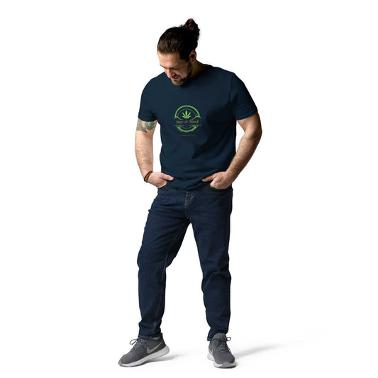 Navy Organic Cotton Unisex T-Shirt - State of Mind tee featuring green emblem, mindful and comfortable for everyday eco-conscious wear.