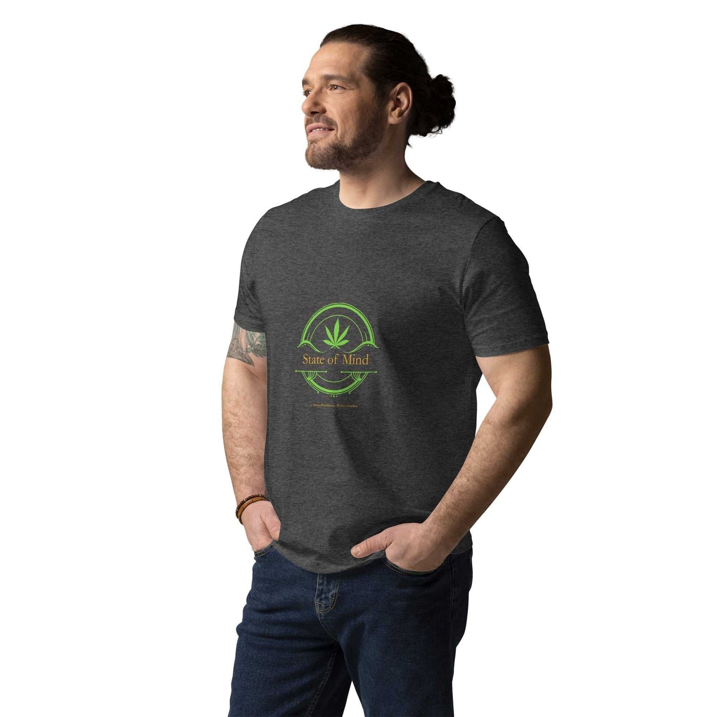 Dark heather gray State of Mind organic cotton unisex t-shirt modeled casually. Eco-friendly tee with vibrant green emblem for relaxed style.