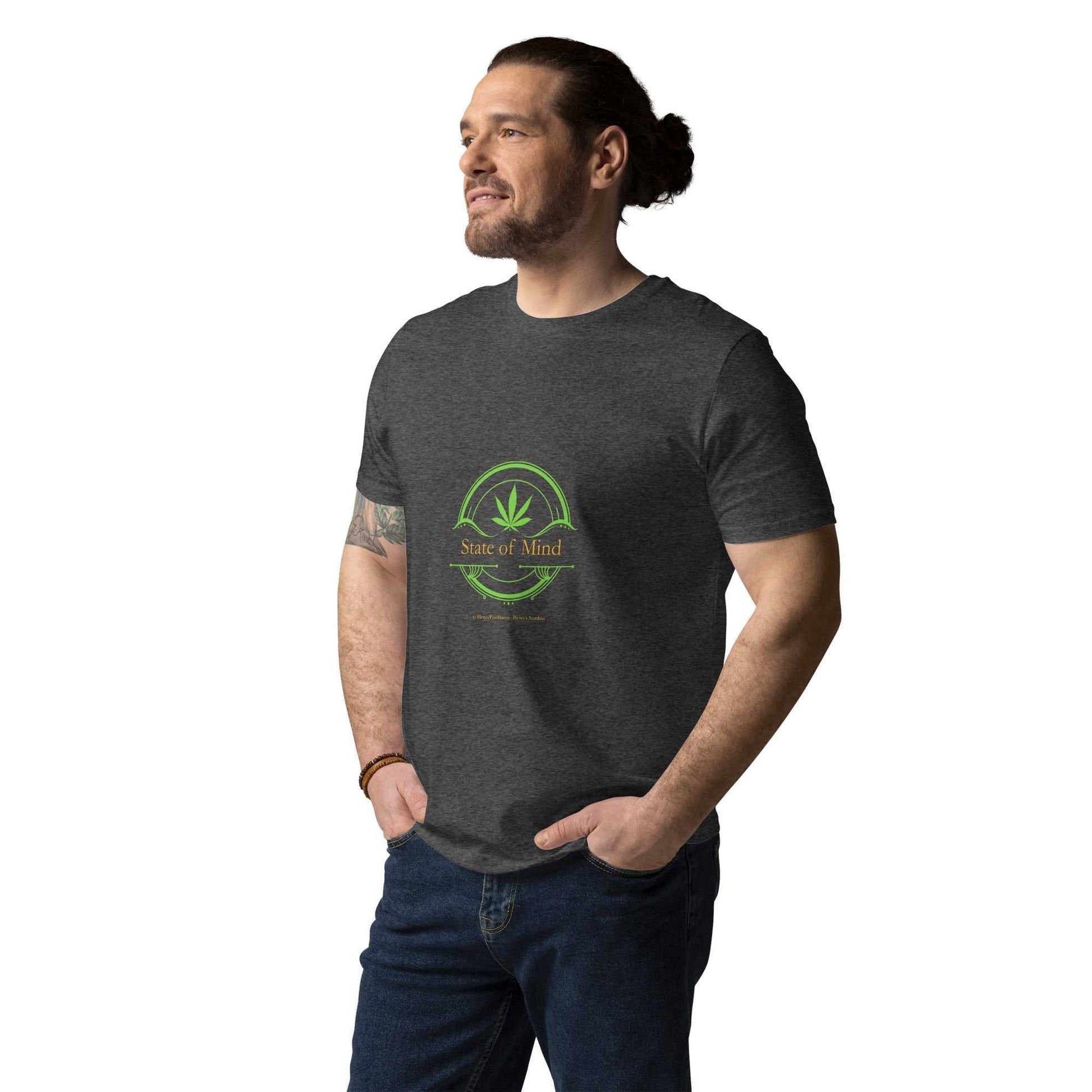 Dark heather gray State of Mind organic cotton unisex t-shirt modeled casually. Eco-friendly tee with vibrant green emblem for relaxed style.