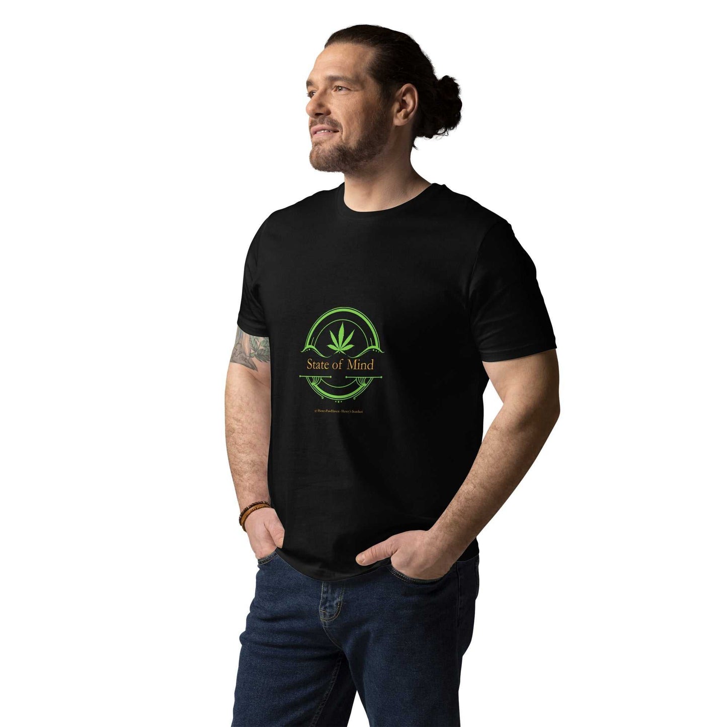 Black Organic Cotton Unisex T-Shirt - State of Mind design with green emblem, eco-friendly and relaxed fit for sustainable fashion lovers.